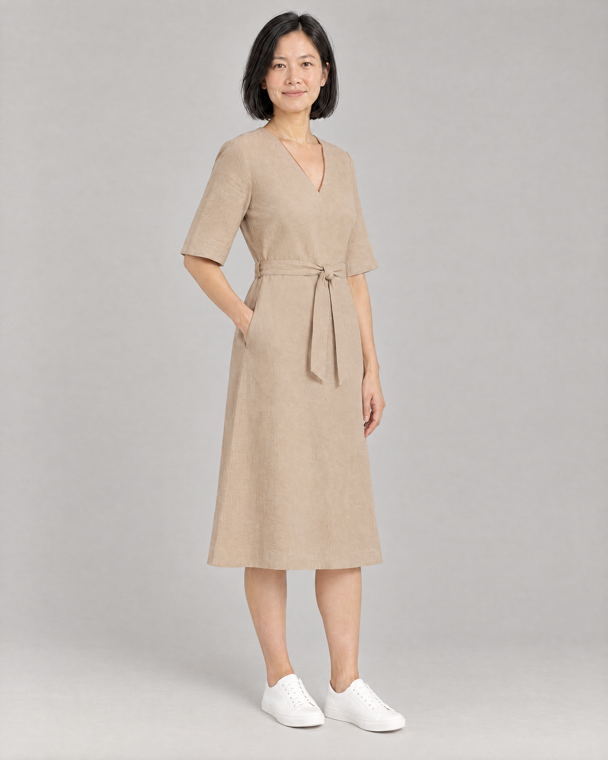 PASSPORT beige linen A-line midi dress, three-quarter view