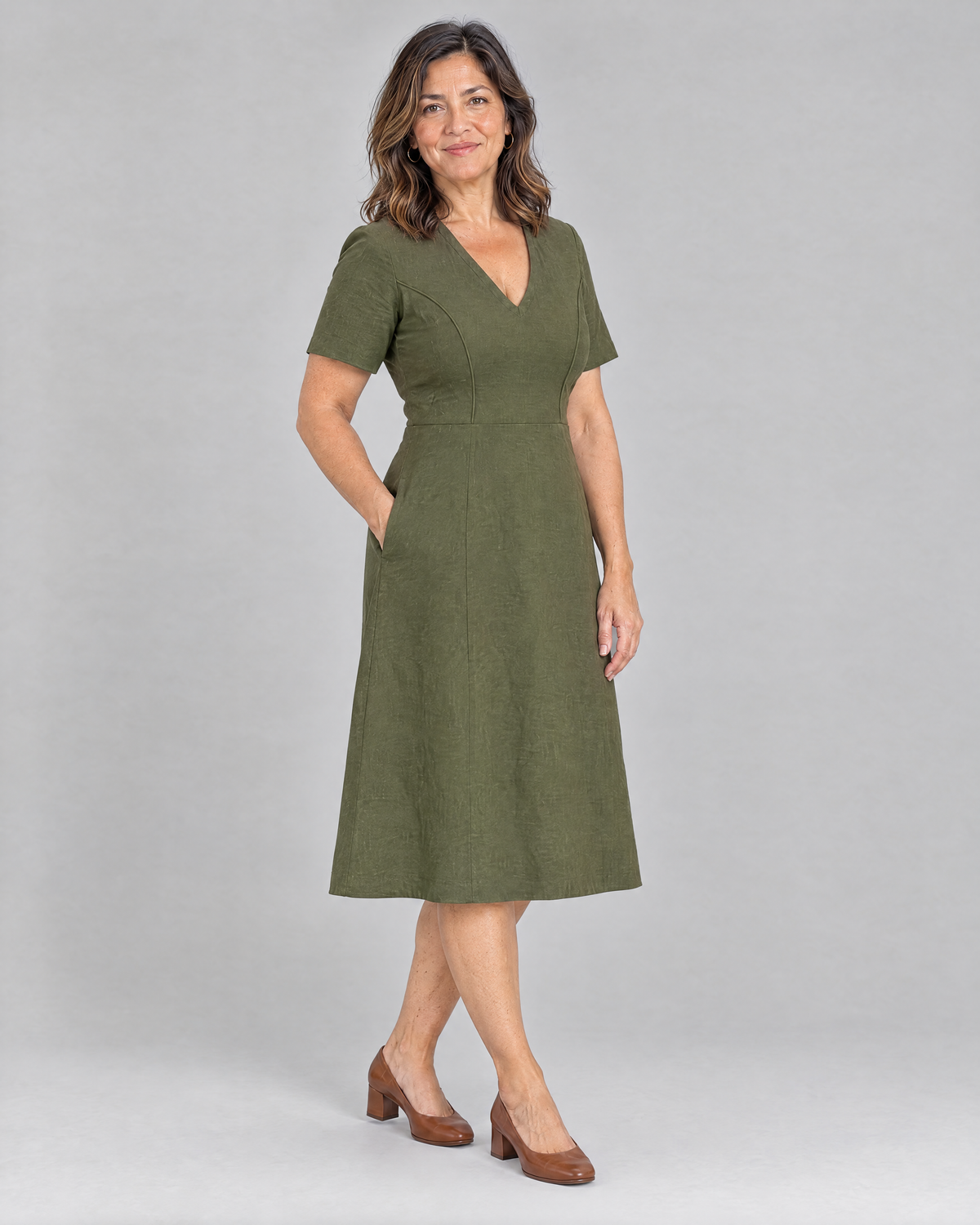 ROOM olive green linen A-line midi dress, three-quarter view
