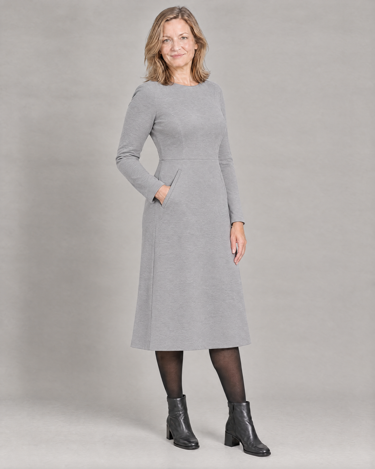 GLIDE light grey wool A-line midi dress, three-quarter view