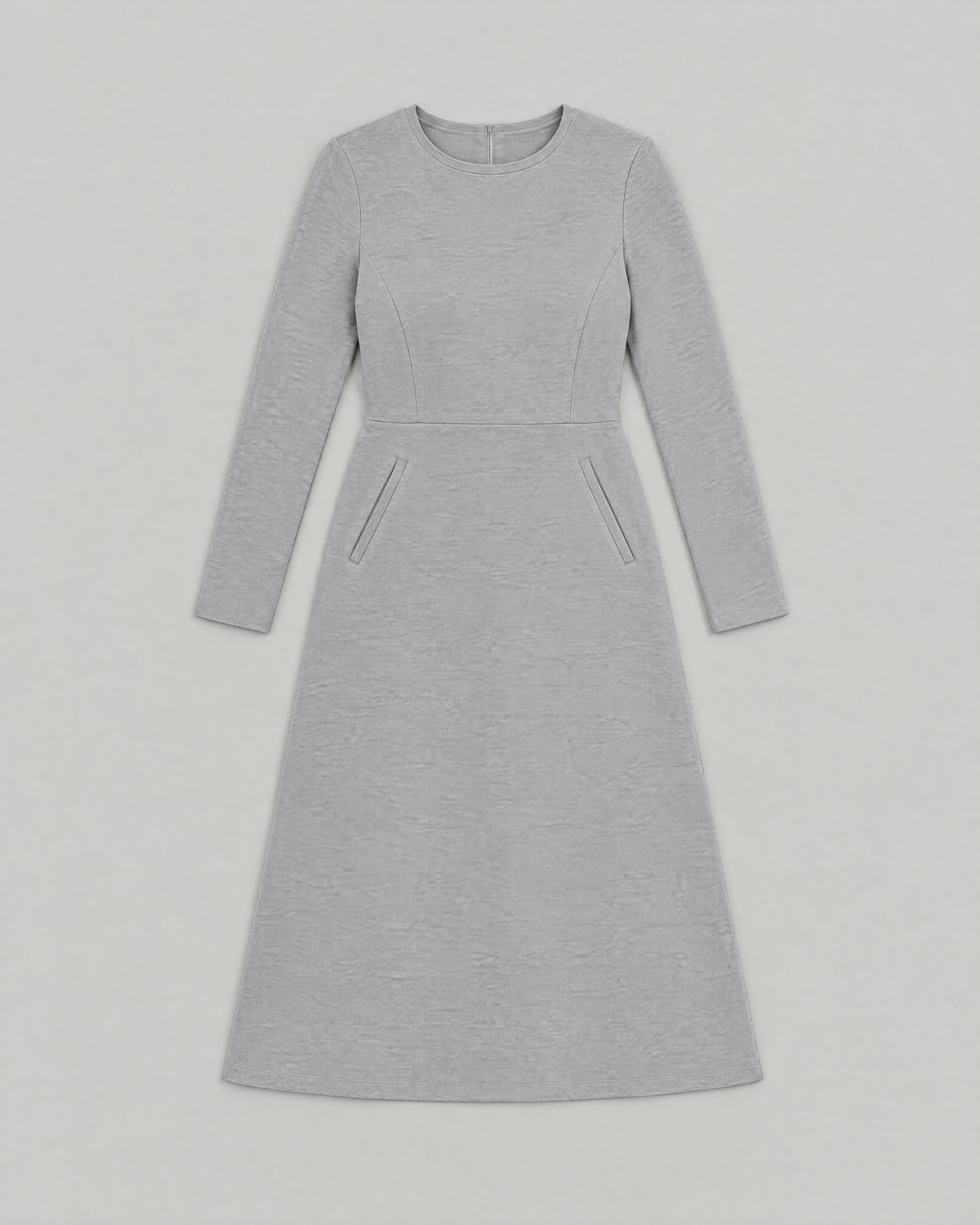 GLIDE light grey wool long-sleeve A-line midi dress laid flat