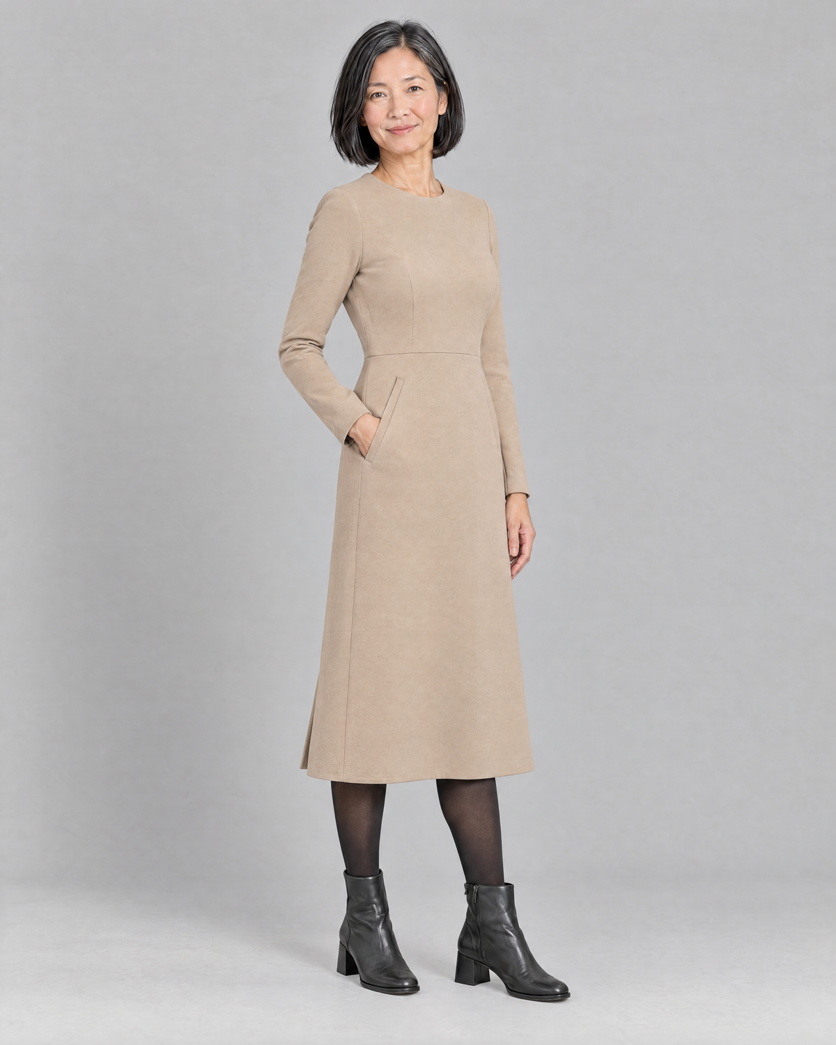 GLIDE beige wool A-line midi dress, three-quarter view
