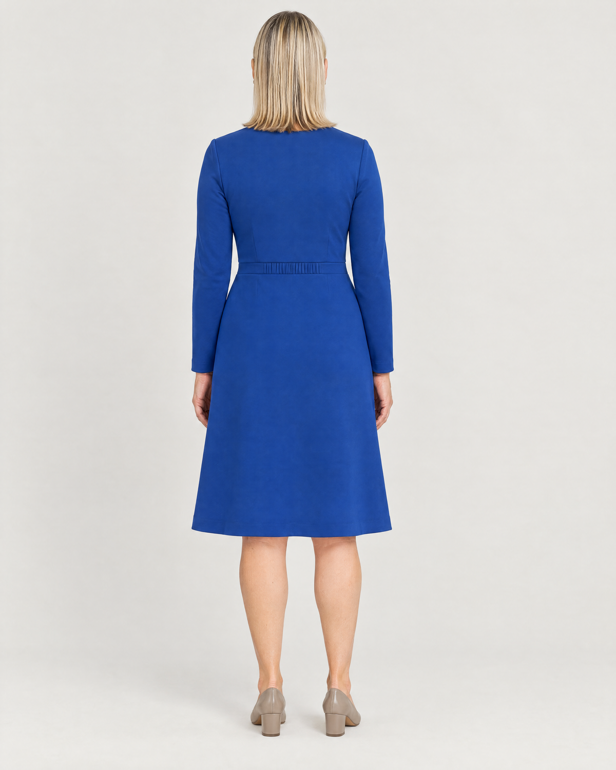 DESK cobalt dress, back view with soft elastic at the back waist and no zip