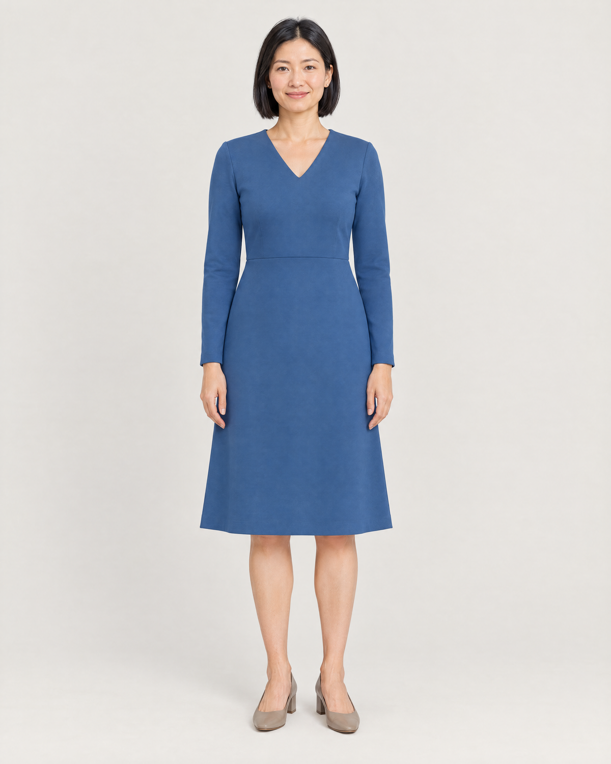 DESK blue long-sleeve A-line office dress, front view