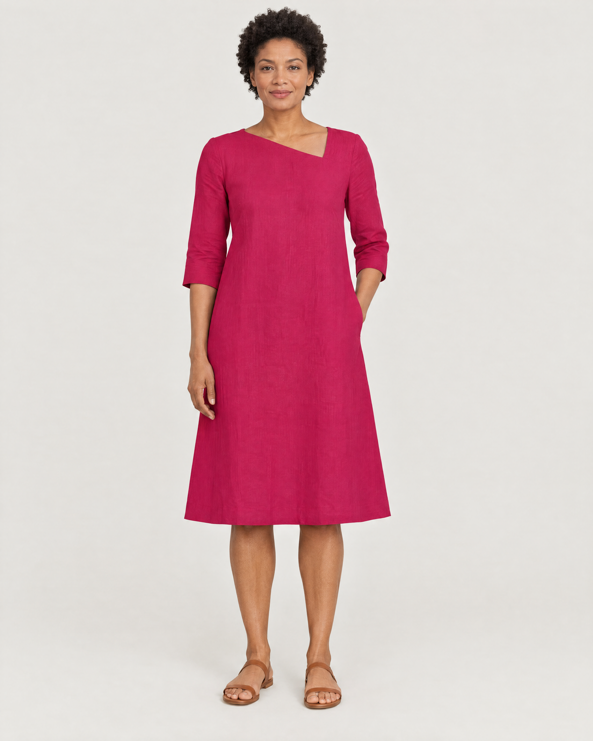 HUE cerise linen A-line dress with asymmetric neckline, front view