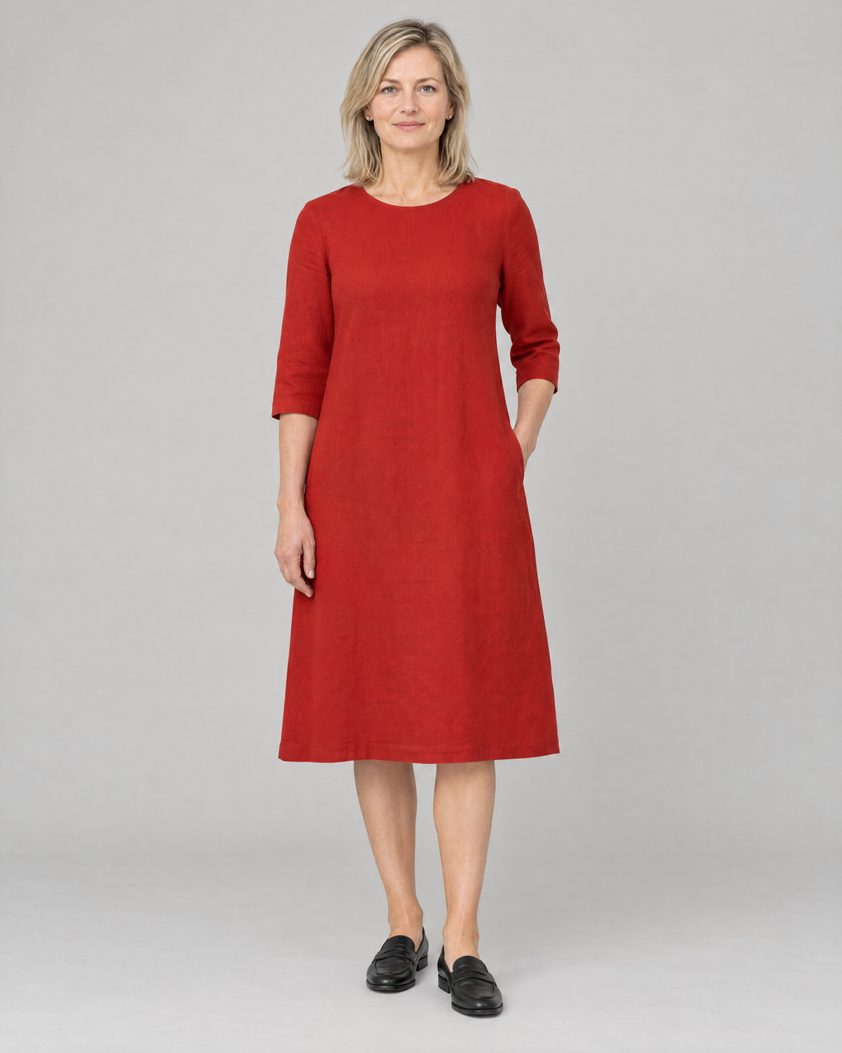 BASE red linen A-line midi dress with ¾ sleeves and round neckline, front view