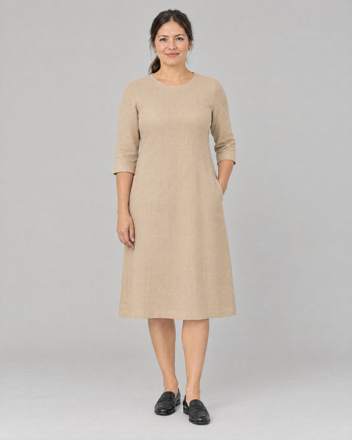 BASE beige linen A-line midi dress, front view
