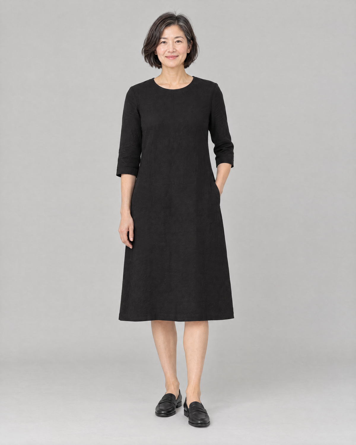 BASE black linen A-line midi dress, front view, Petite length