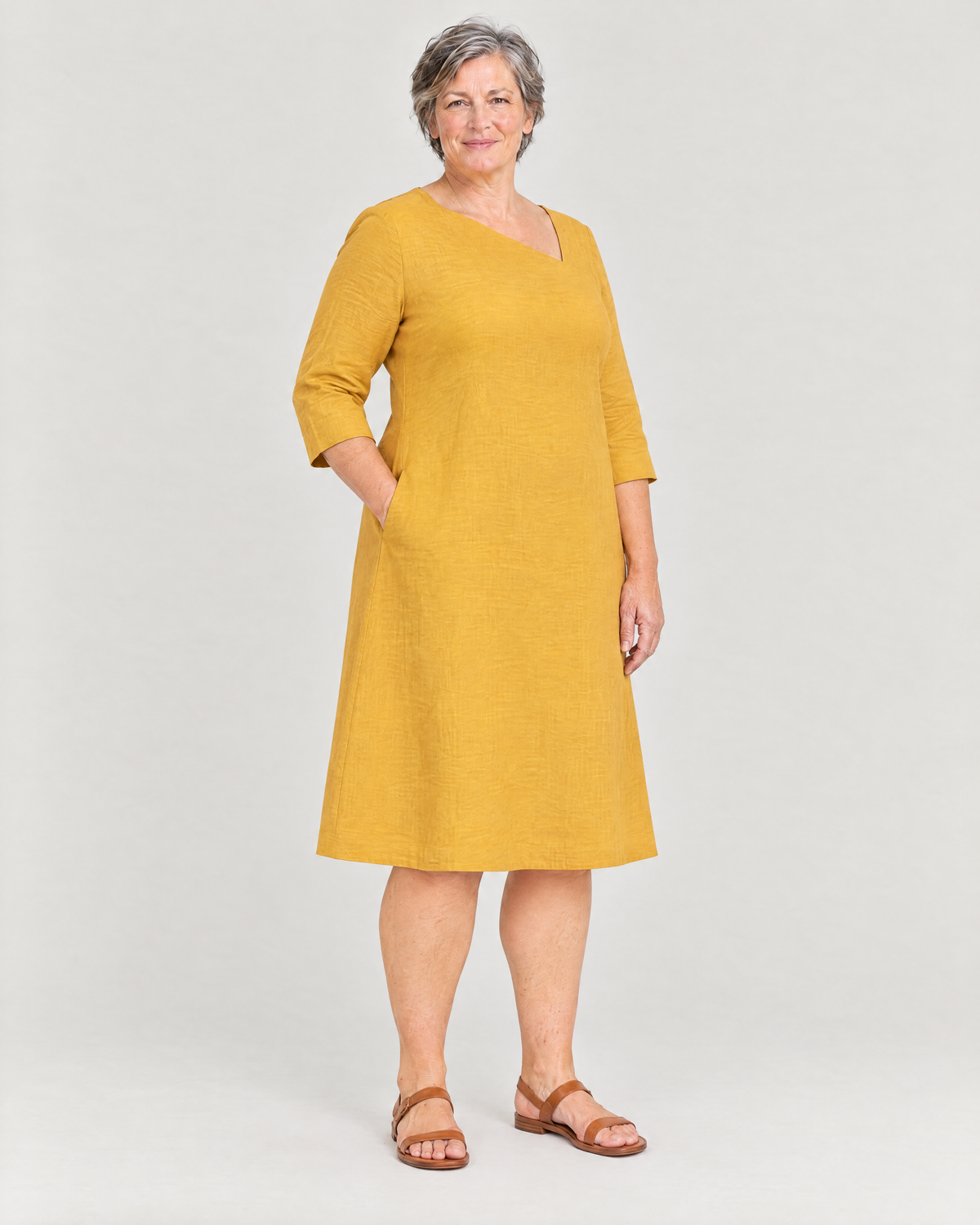 HUE yellow pure linen dress, Limited edition, three-quarter view