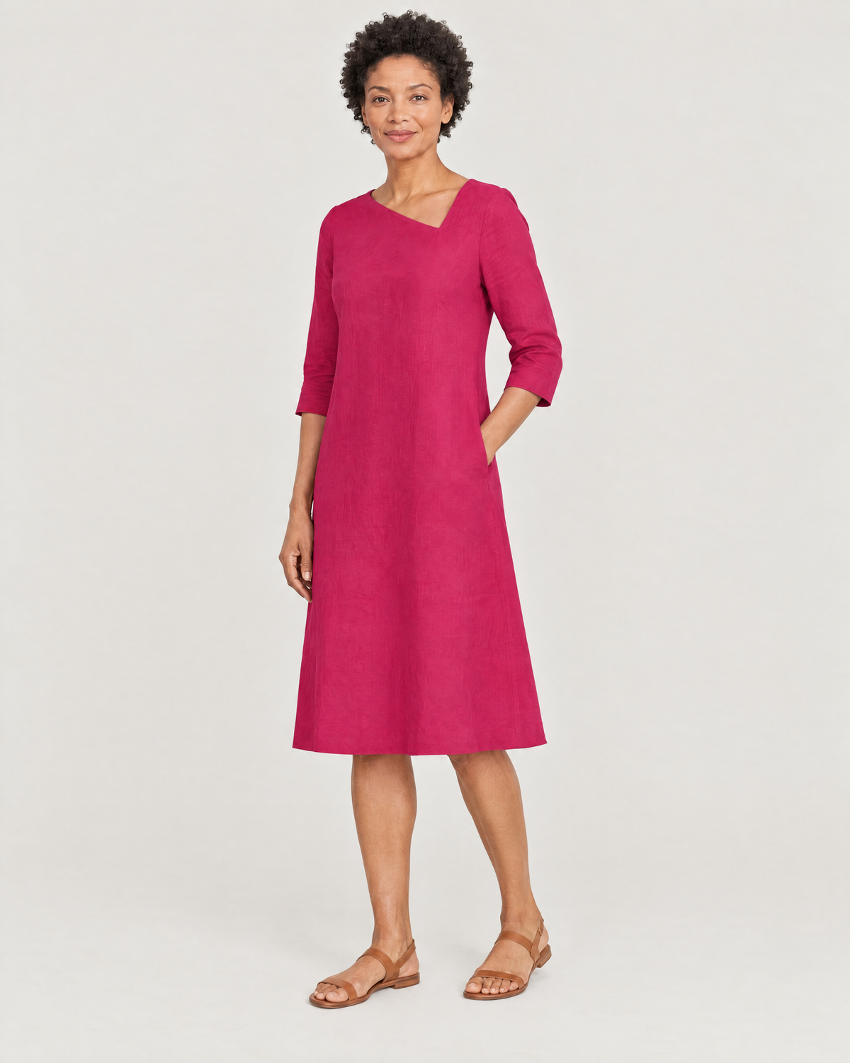 HUE cerise linen dress, three-quarter view