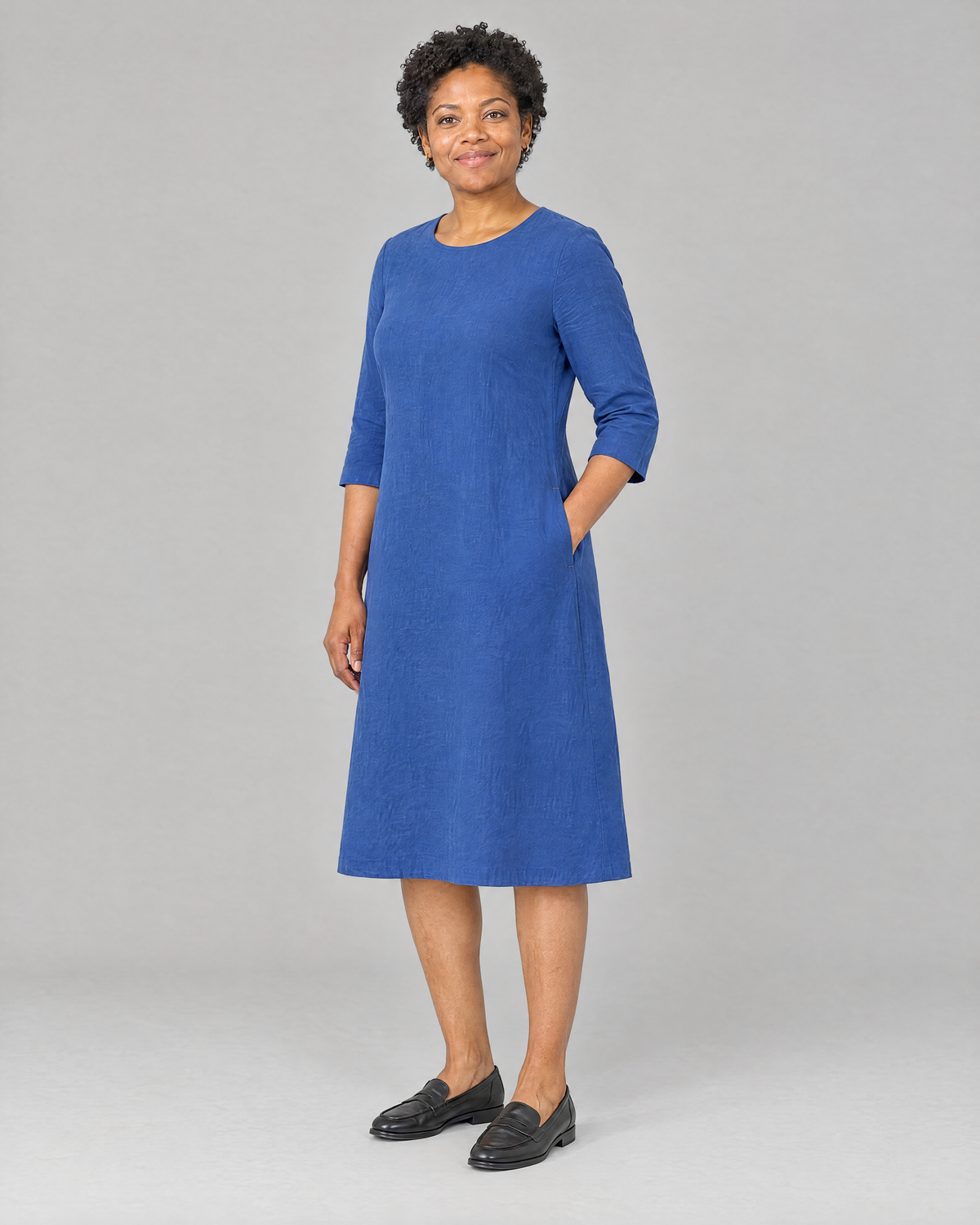 BASE blue linen dress, three-quarter view