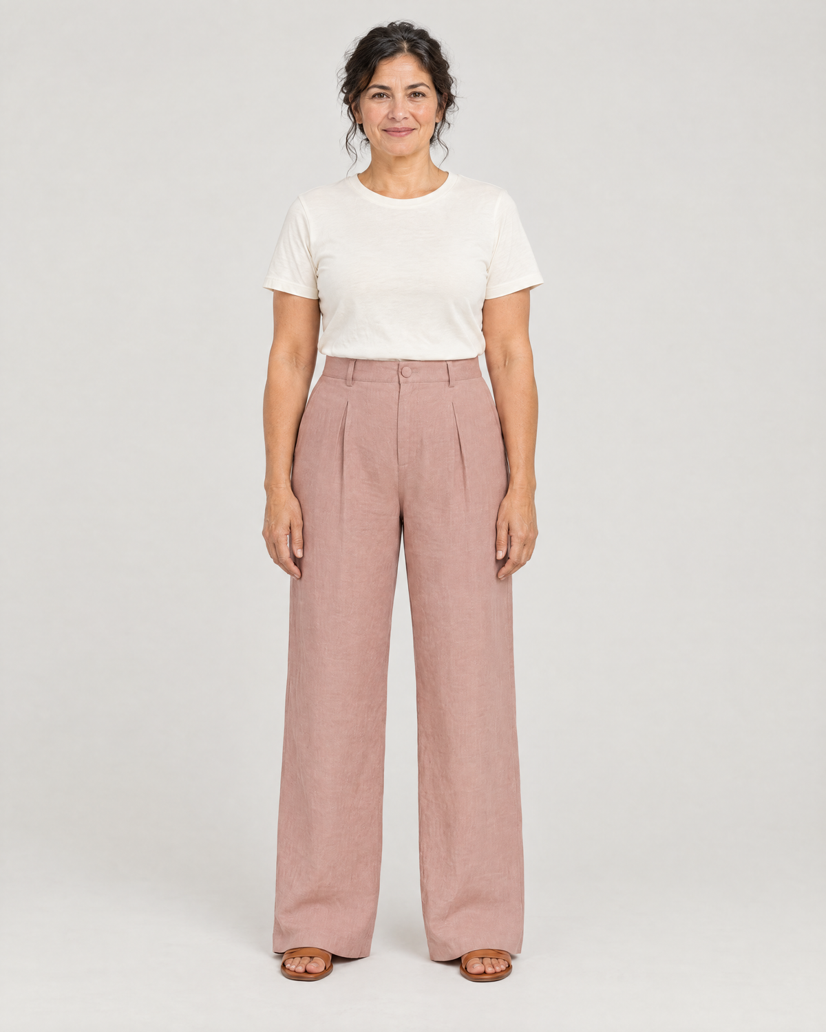 LYRA OPAQUE dusty rose linen pleated wide-leg trousers, front view