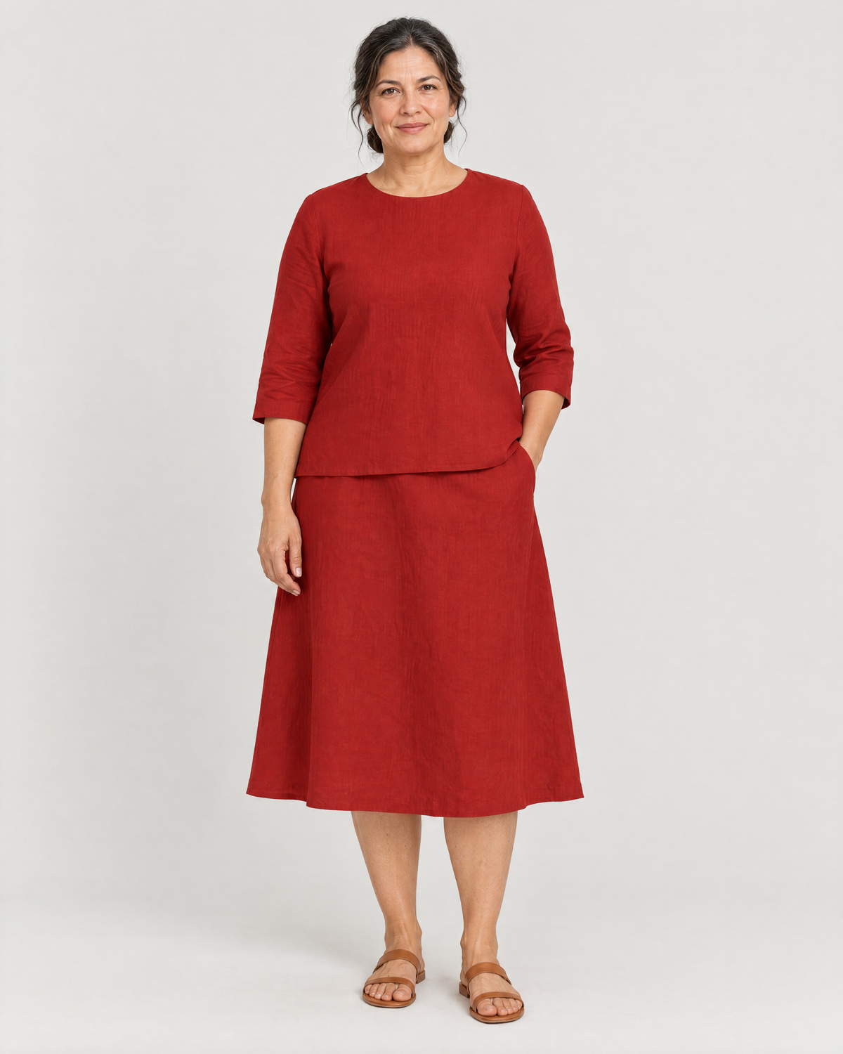 PAIR red linen top and A-line midi skirt set, front view