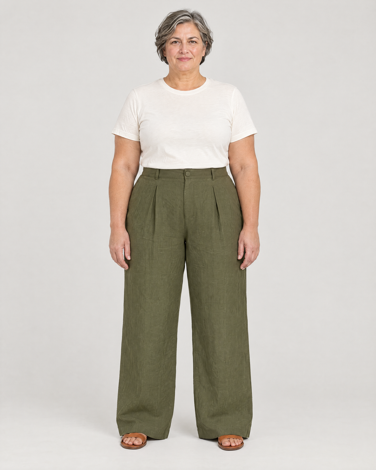 LYRA OPAQUE olive green linen pleated wide-leg trousers, front view