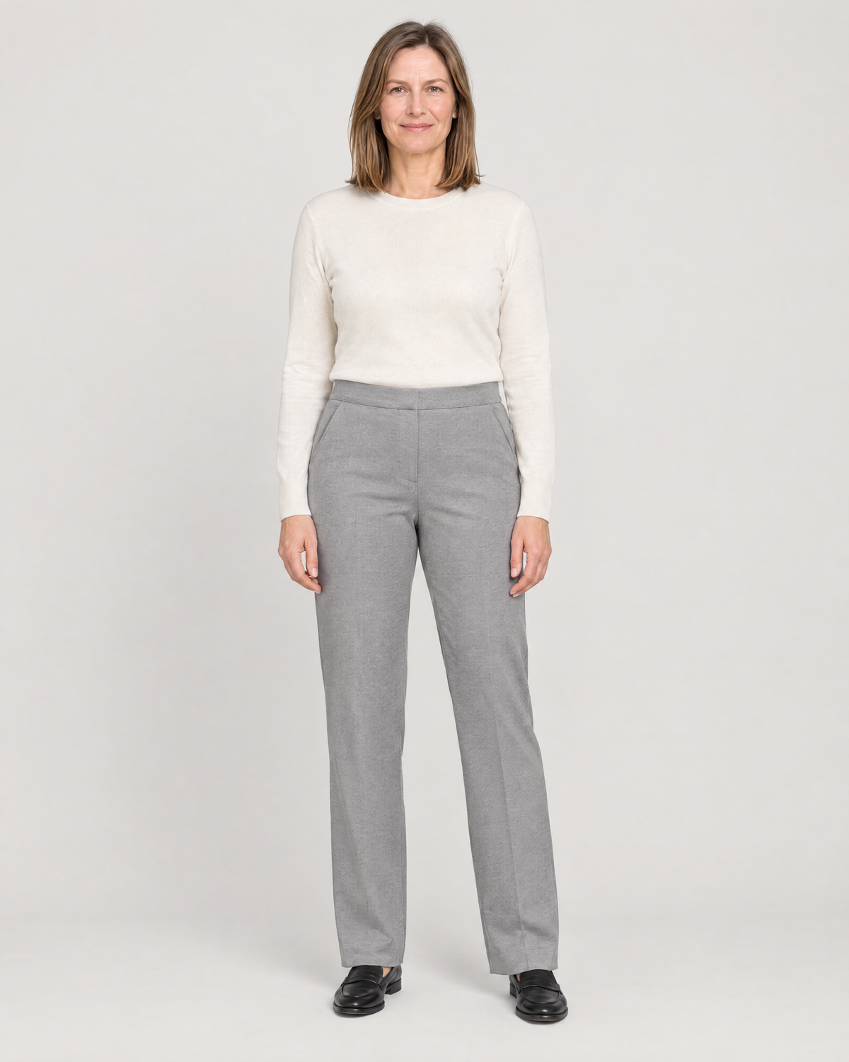 GRAPHITE COMFORT light grey wool straight-leg trousers with a flat front waistband, front view