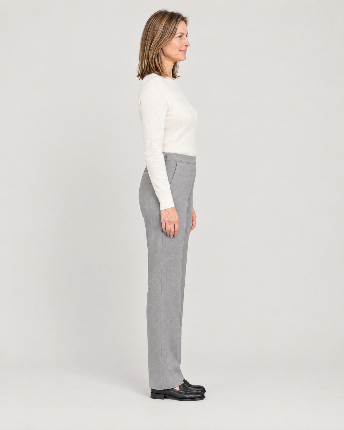 GRAPHITE COMFORT light grey trousers, side view showing the straight leg