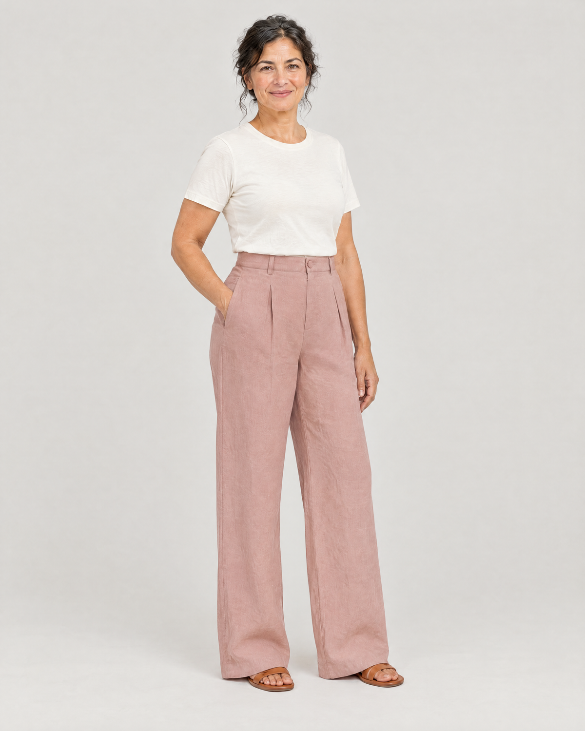 LYRA OPAQUE dusty rose linen wide-leg trousers, three-quarter view