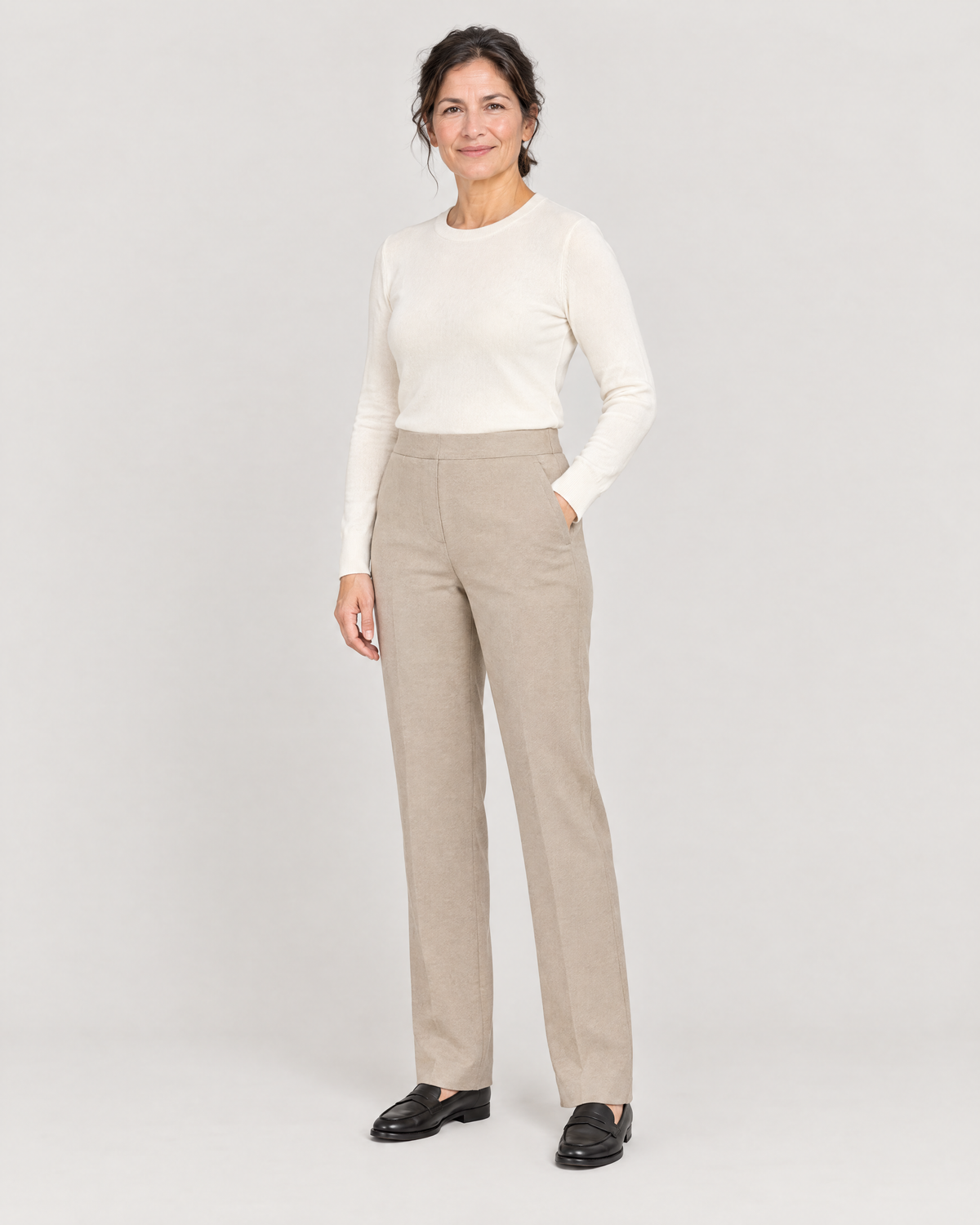 GRAPHITE COMFORT beige trousers, Limited edition, three-quarter view