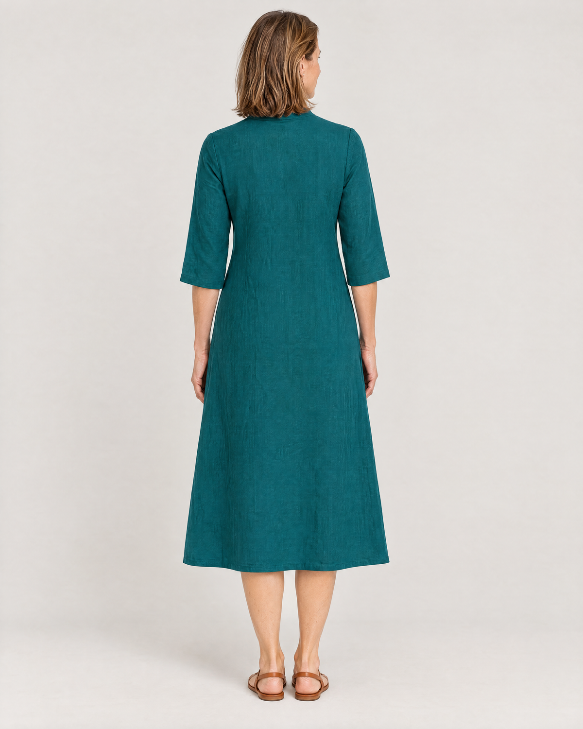 SUMMER COLOUR teal linen dress, plain back view with no waist seam