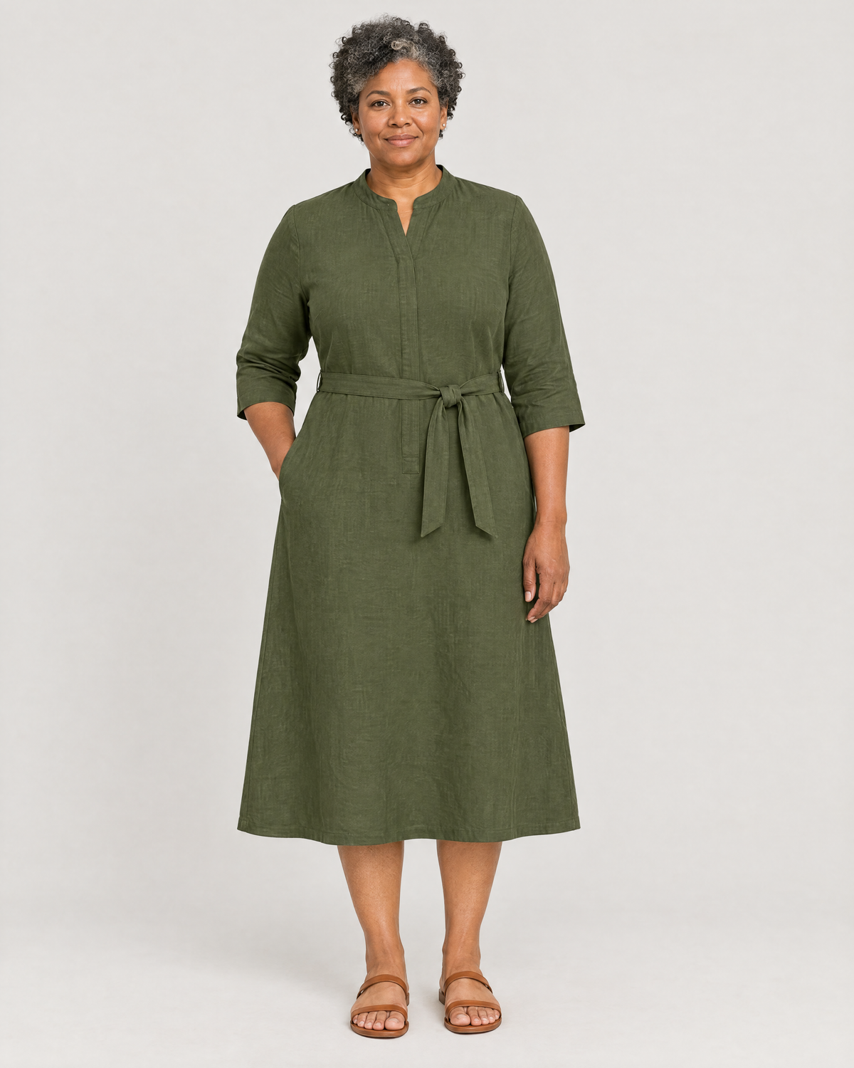 SUMMER COLOUR olive green linen A-line dress with the optional tie belt, front view