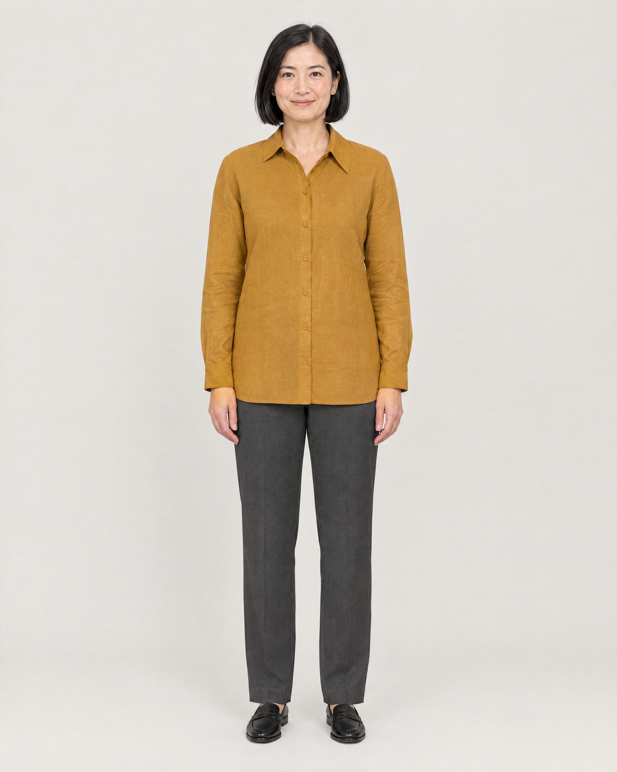 SOFT SHIRT ochre linen long-sleeve button-front shirt, front view