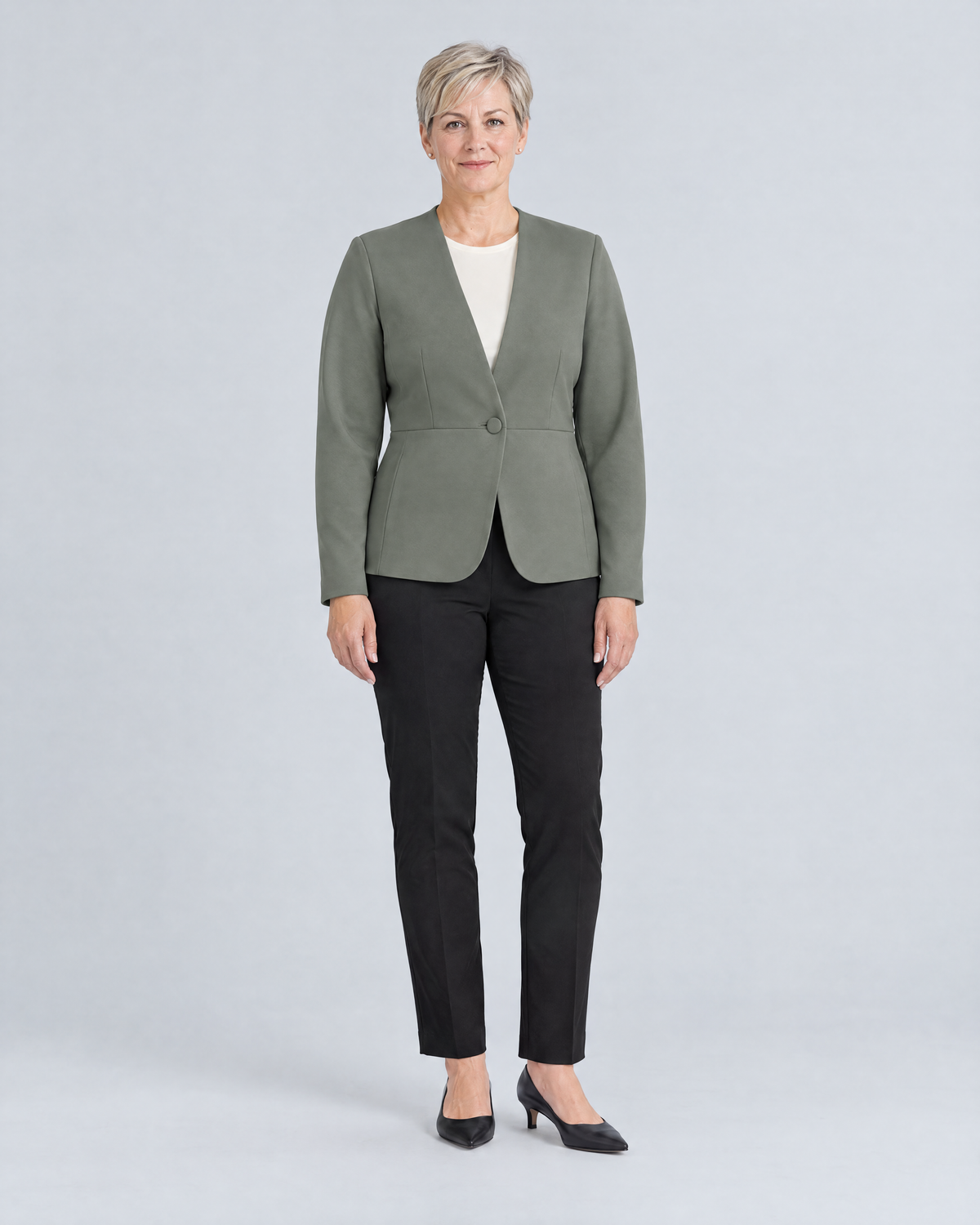 RIVA MOVE collarless jacket in grey green, Limited edition, front view