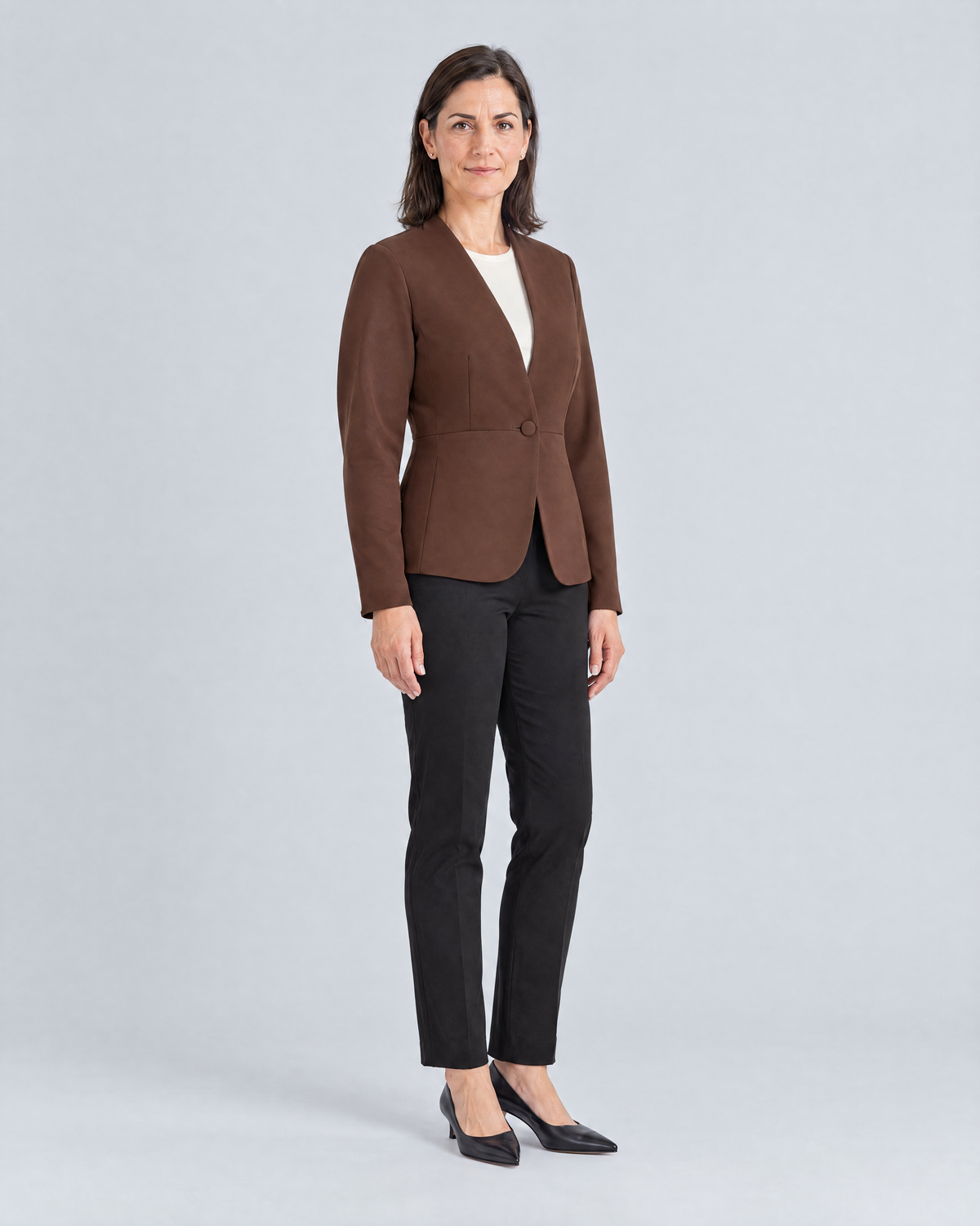 RIVA MOVE brown collarless jacket, three-quarter view