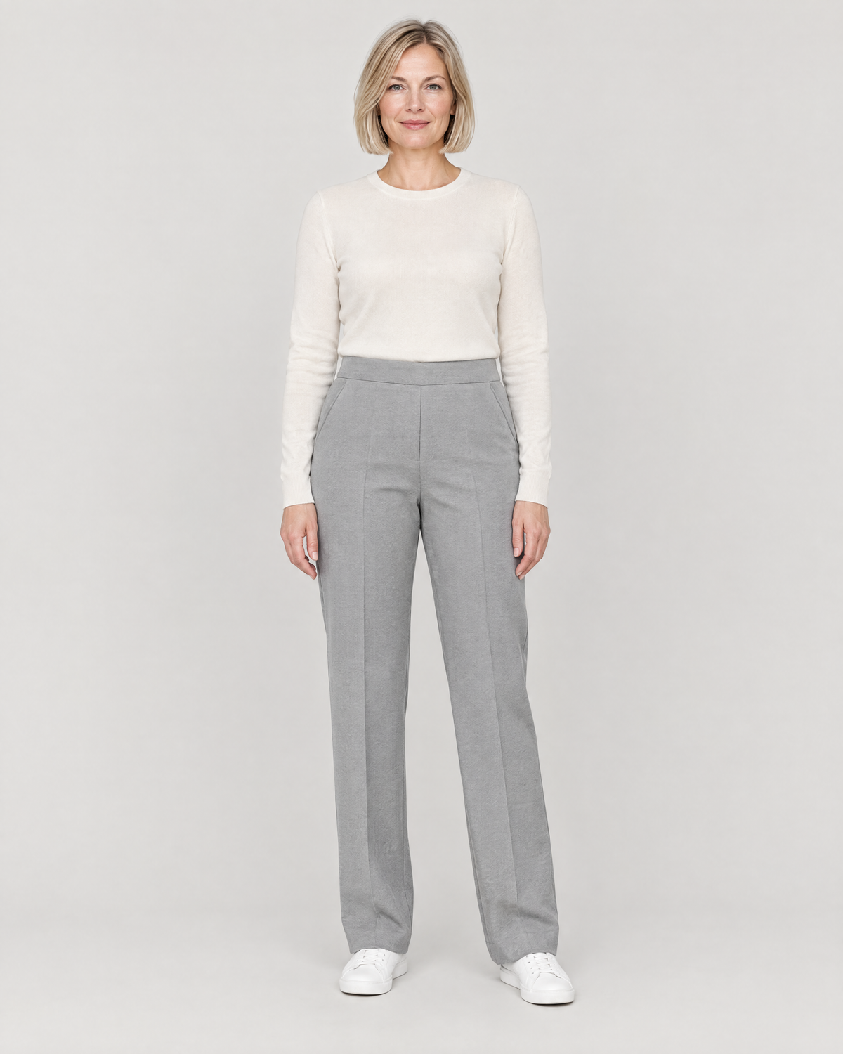 GRAPHITE STRAIGHT FIT light grey wool straight-leg trousers with a flat front and pressed creases, front view