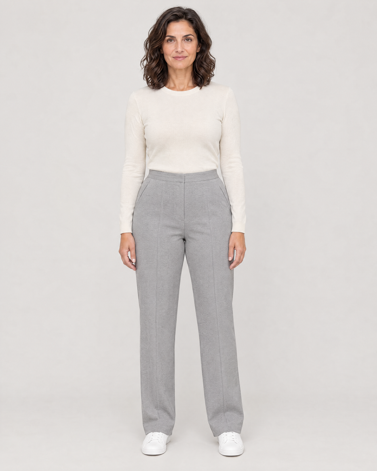 GRAPHITE CURVE FIT light grey wool straight-leg trousers with a contoured waistband, front view