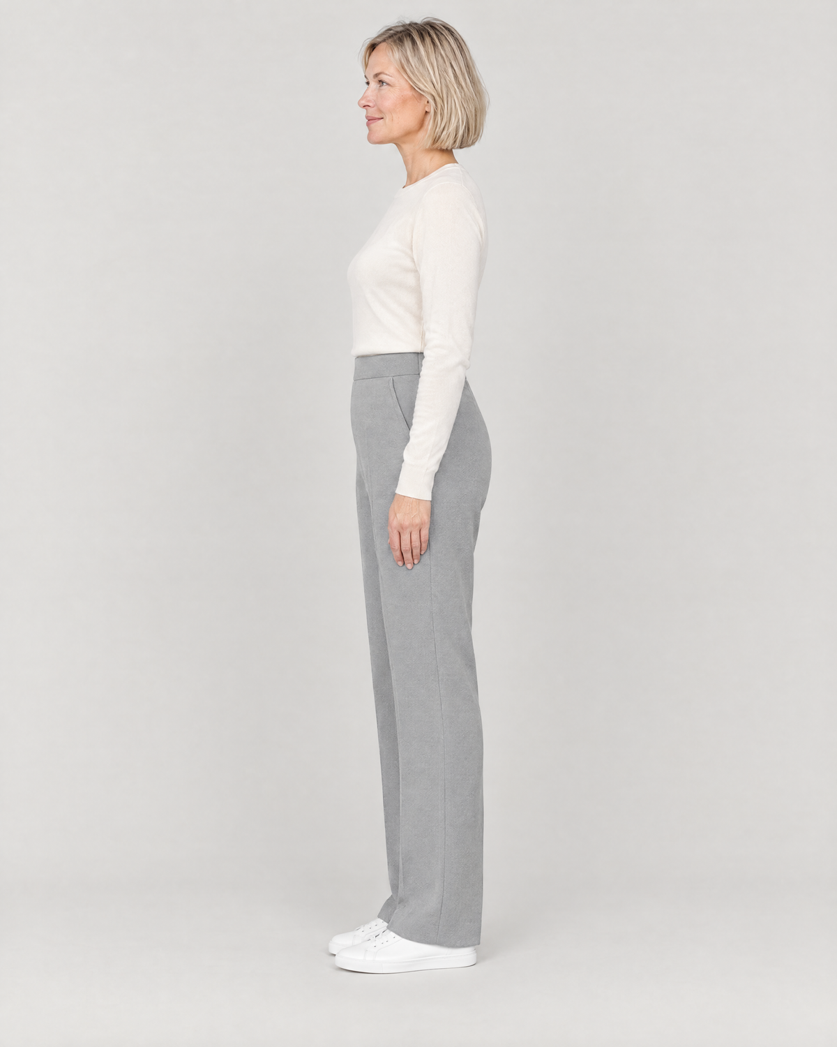 GRAPHITE STRAIGHT FIT light grey trousers, side view showing the straight leg from hip to hem
