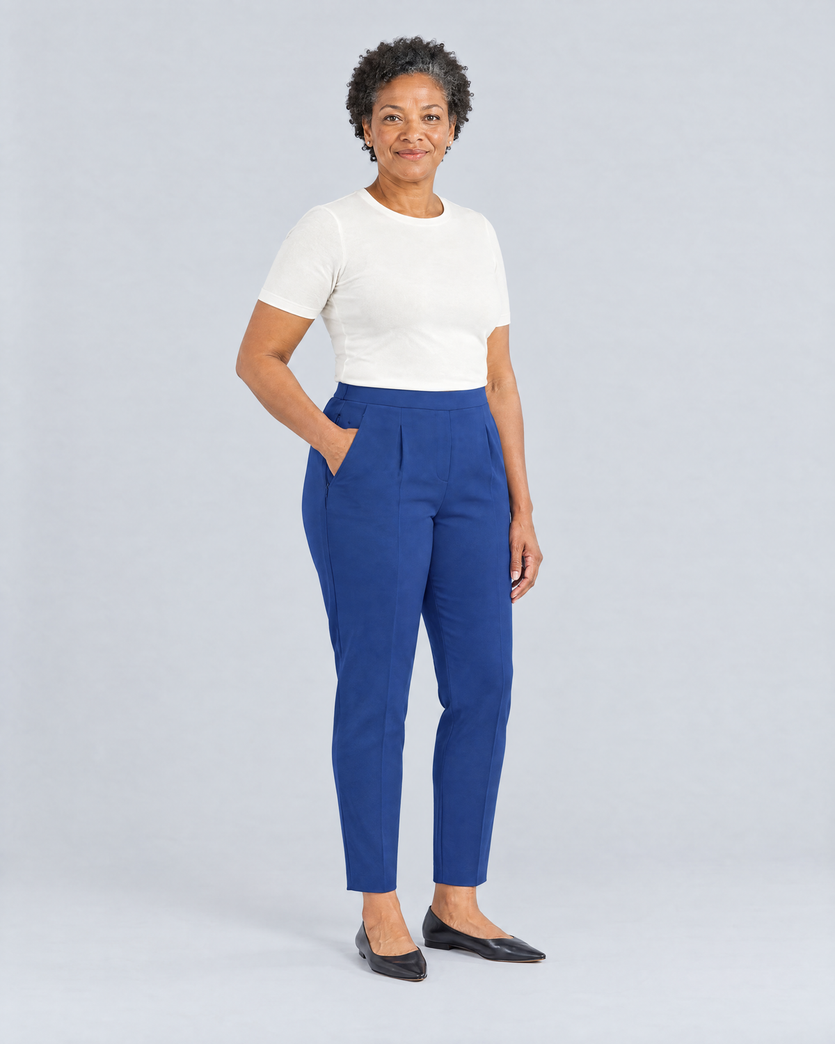 SIT WELL cobalt trousers, three-quarter view