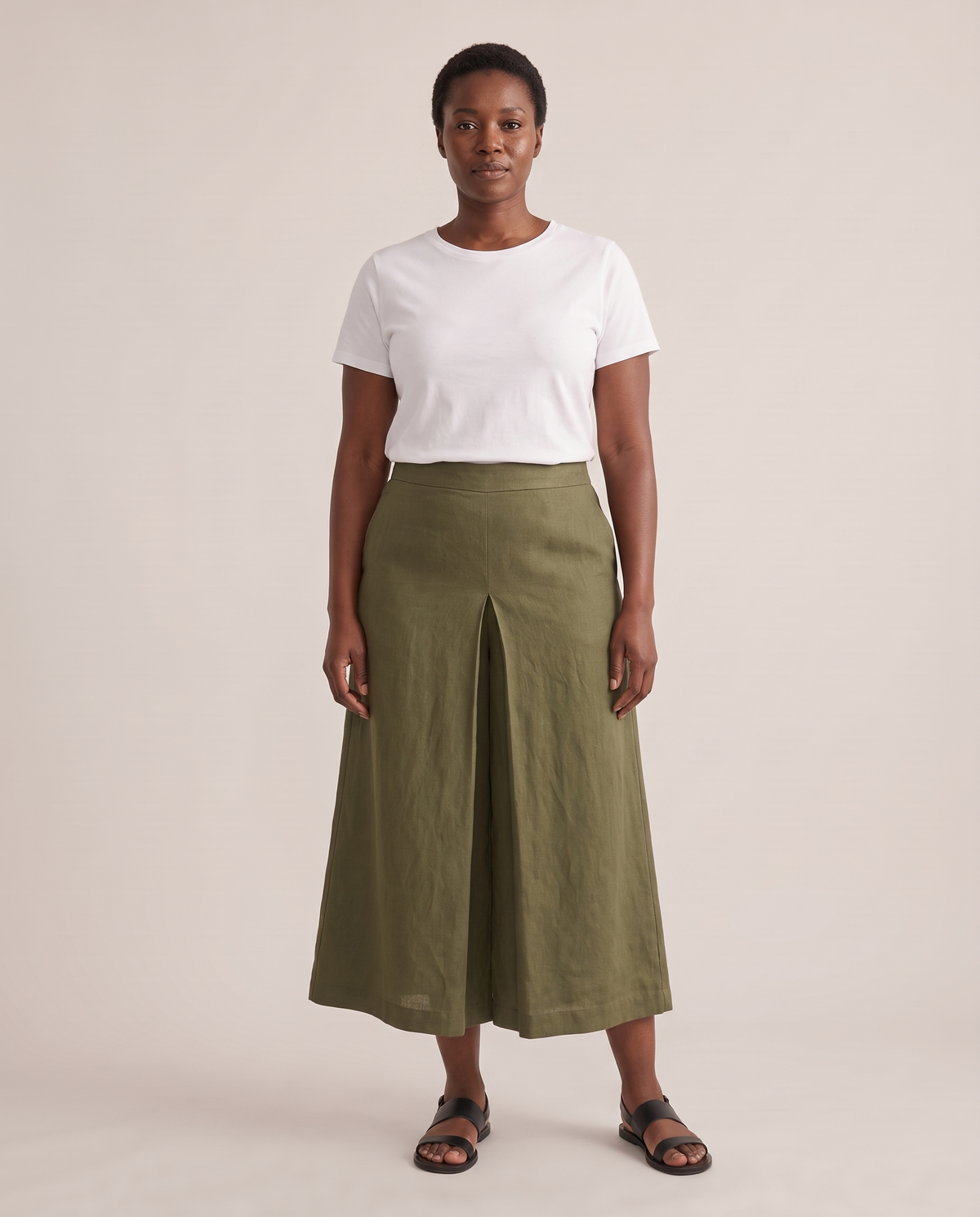 SWAY linen midi culottes in Olive Green, front view