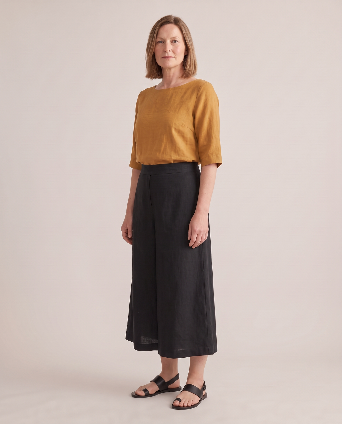 SWAY linen culottes in Black, three-quarter view