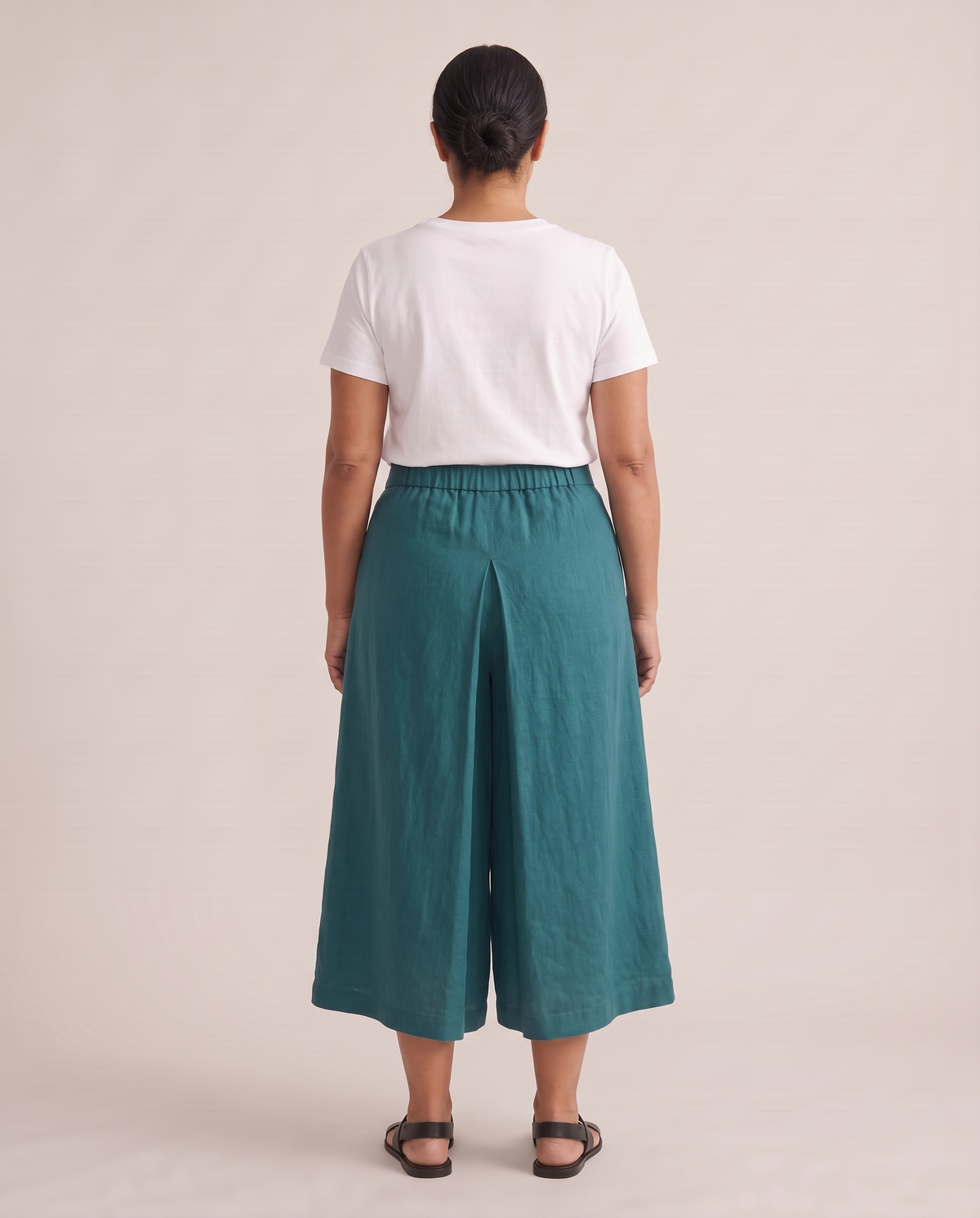 SWAY linen culottes in Teal, back view with inverted pleat