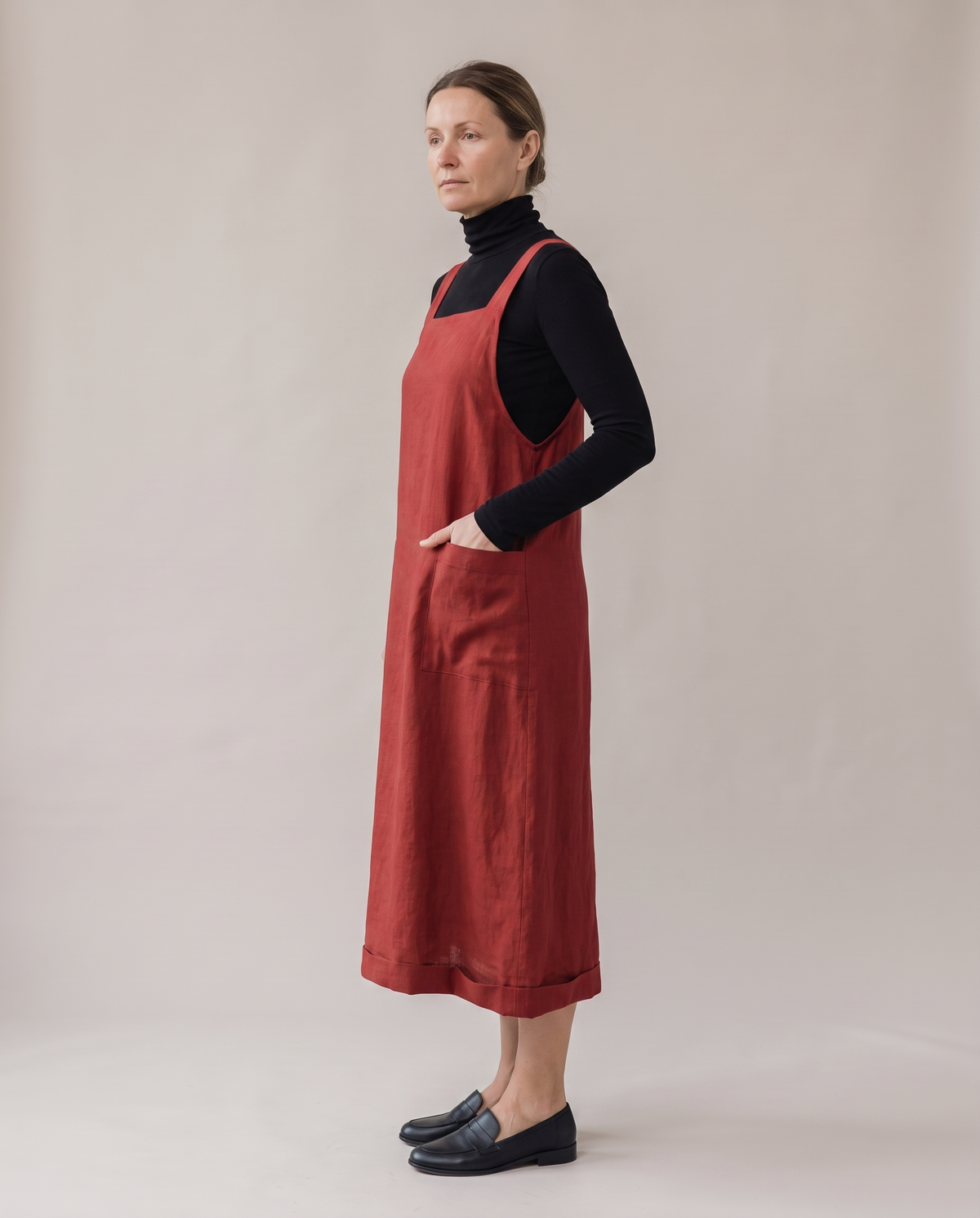 LAYER linen pinafore dress in Red, side view showing the soft A-line