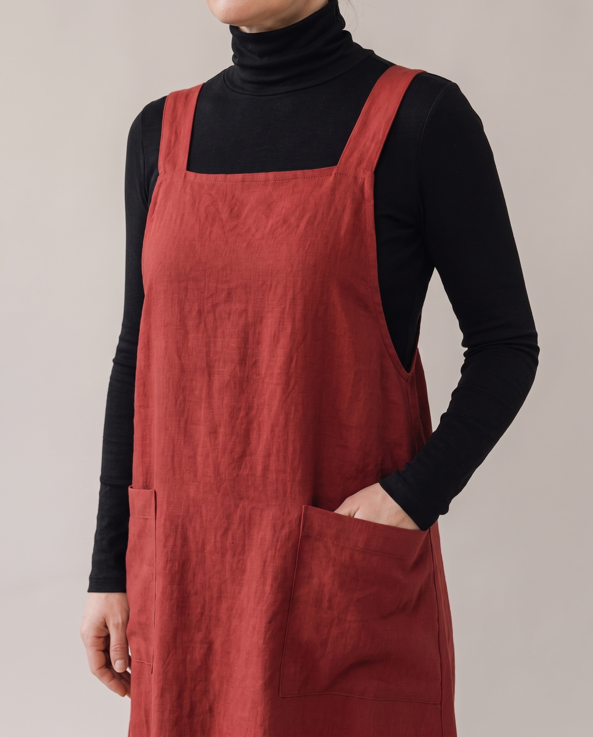 LAYER linen pinafore dress in Red, square neckline, strap and pocket detail