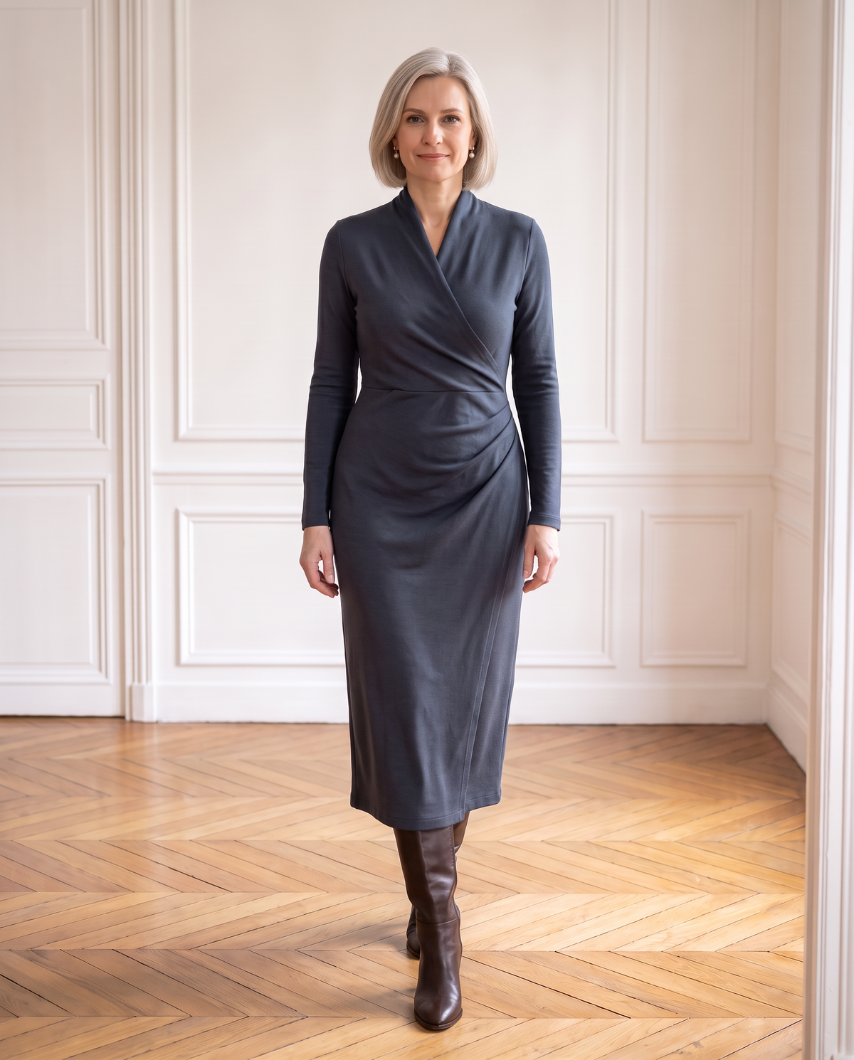 INGRID merino draped wrap midi dress in storm blue, front view #Color_Storm Blue