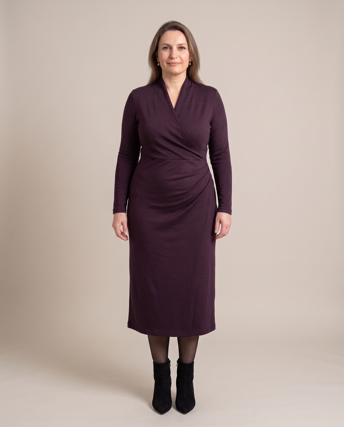 INGRID aubergine merino wrap dress, studio view