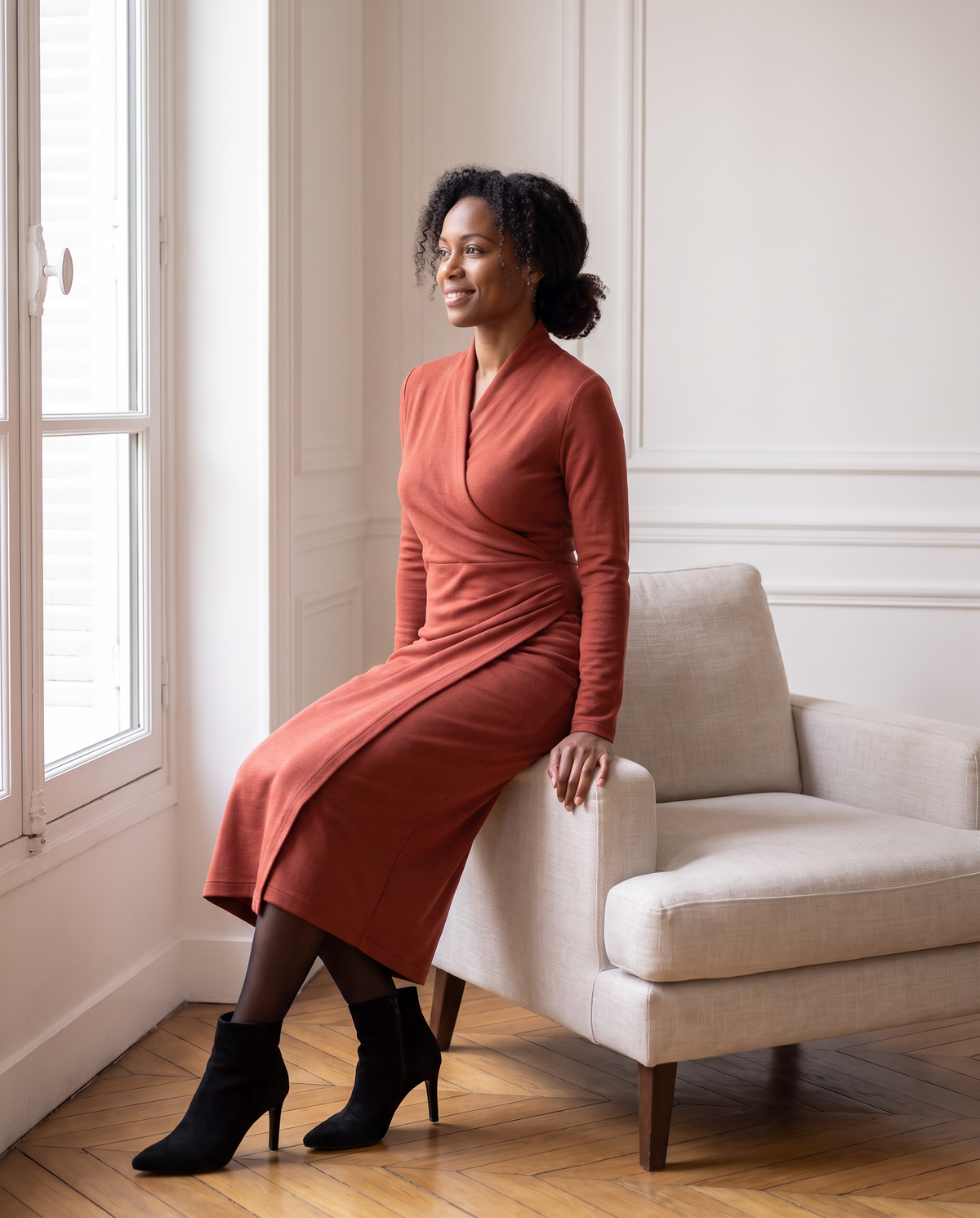 INGRID brick red dress seated, the crossover neckline stays closed #Color_Brick Red