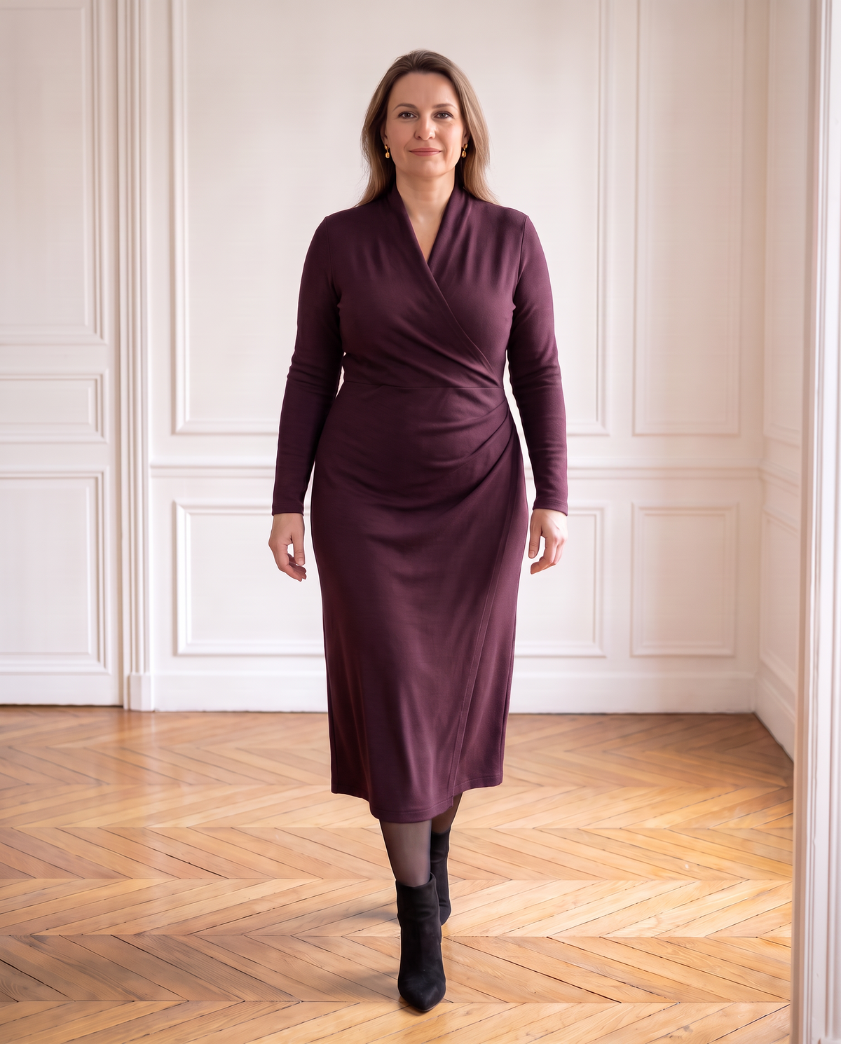 INGRID merino wool draped wrap midi dress in aubergine, front view