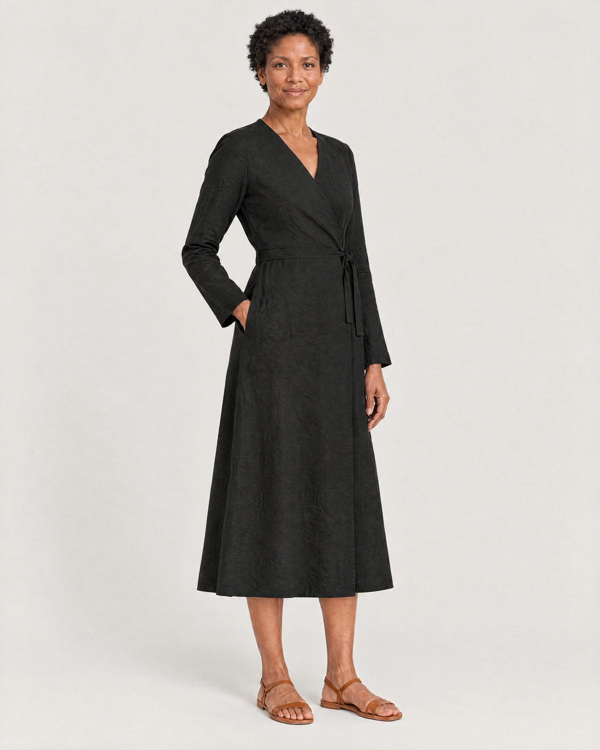 HOLD linen wrap dress in Black, three-quarter view
