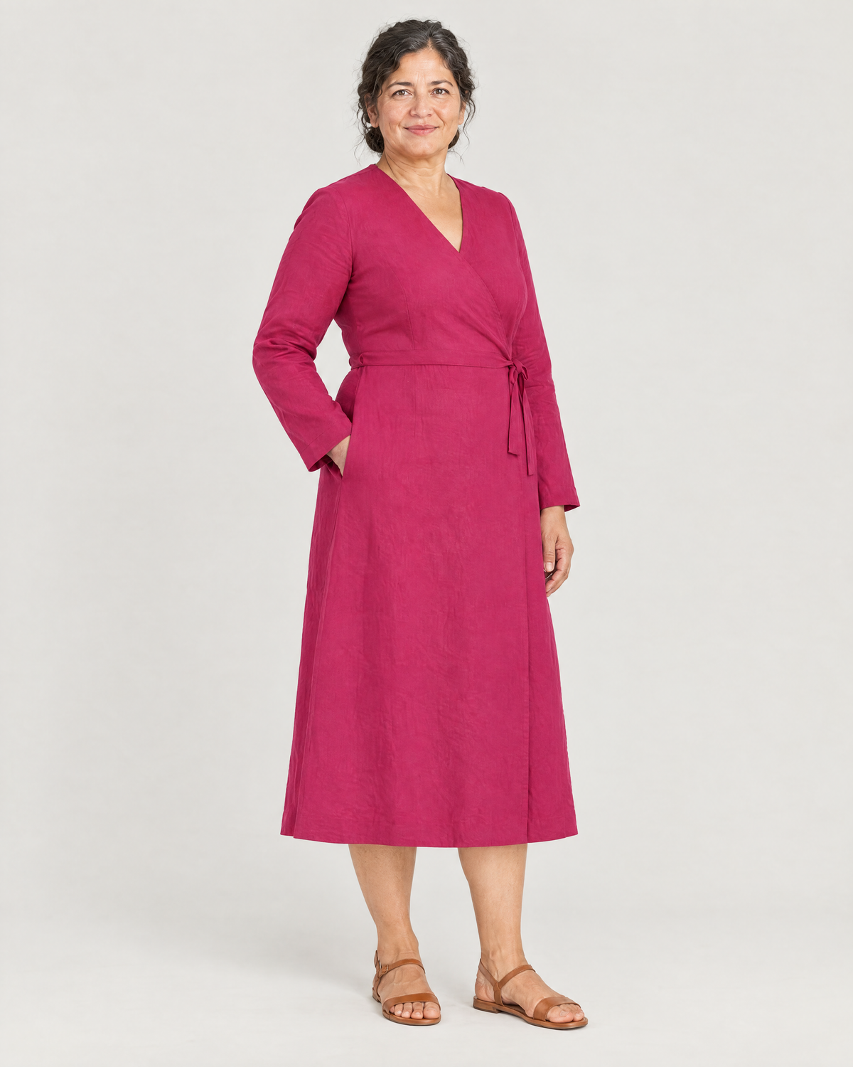 HOLD linen wrap dress in Cerise, three-quarter view
