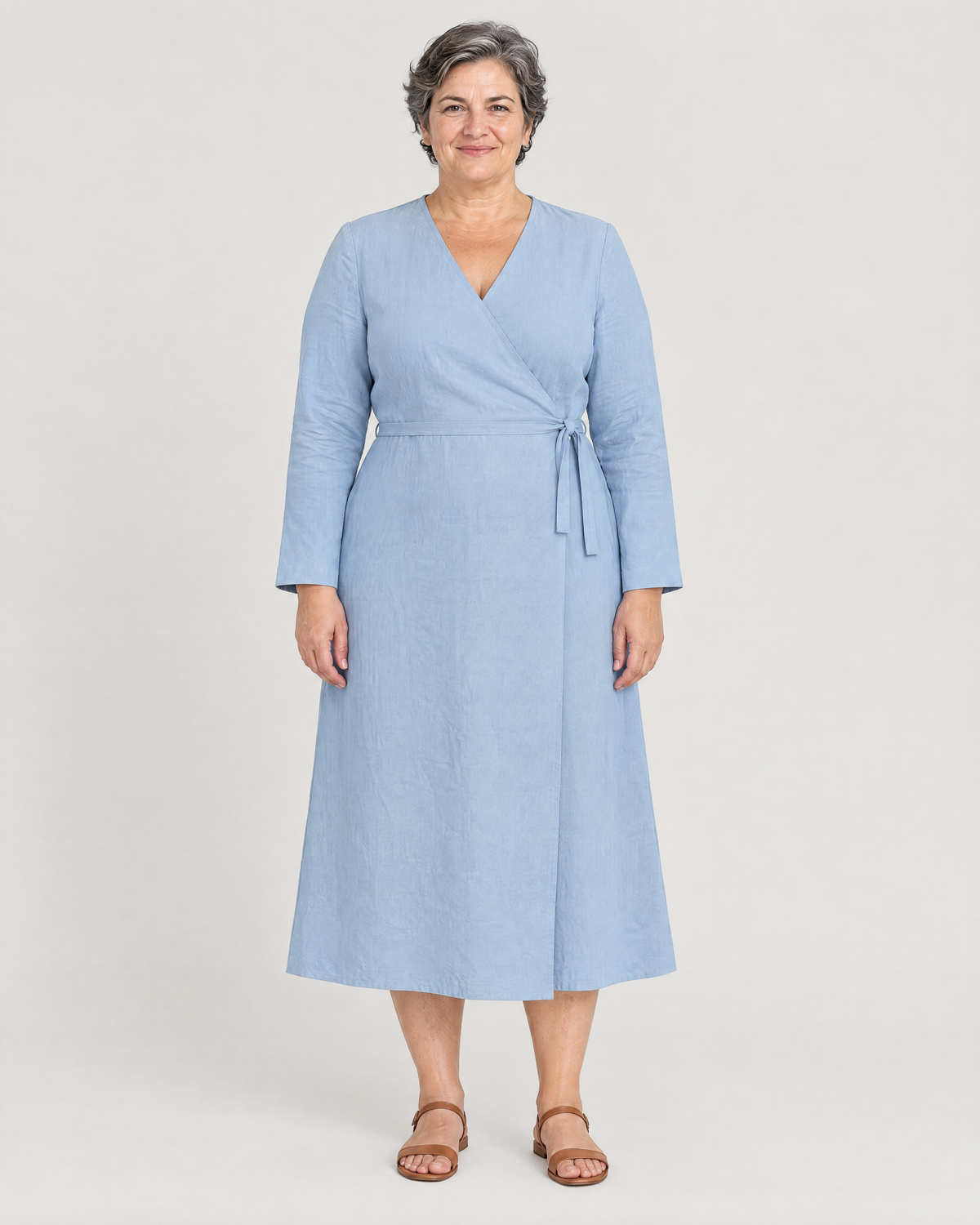 HOLD linen wrap dress in Light Blue, front