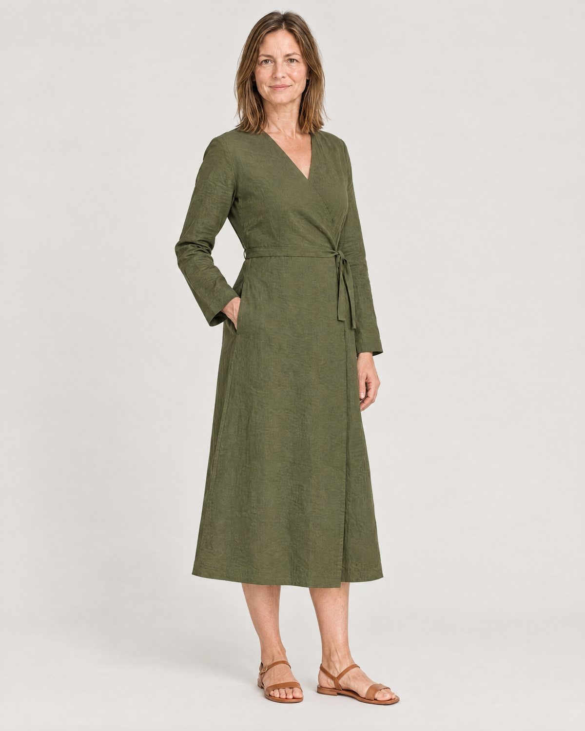 HOLD linen wrap dress in Olive Green, three-quarter view