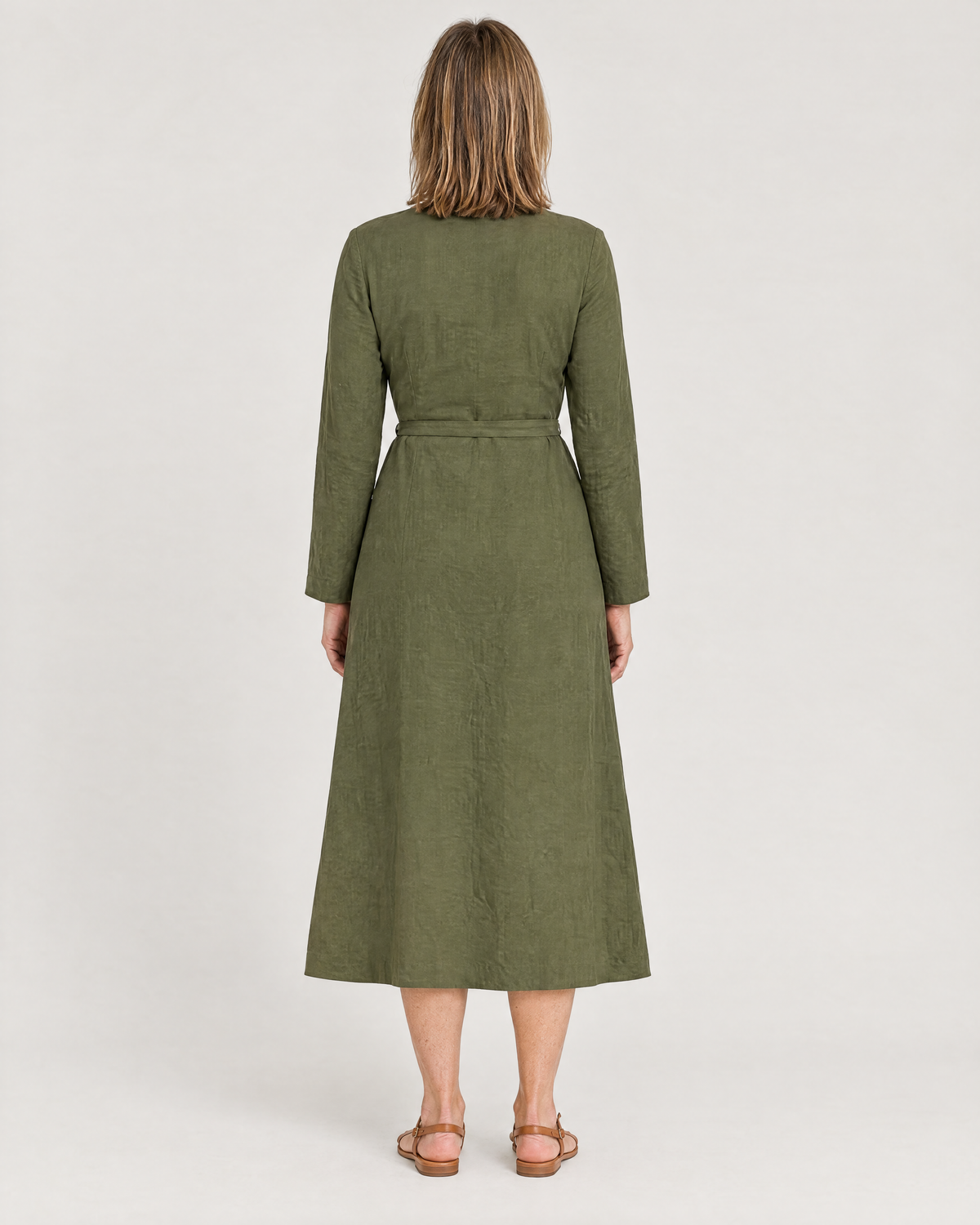 HOLD linen wrap dress in Olive Green, back view