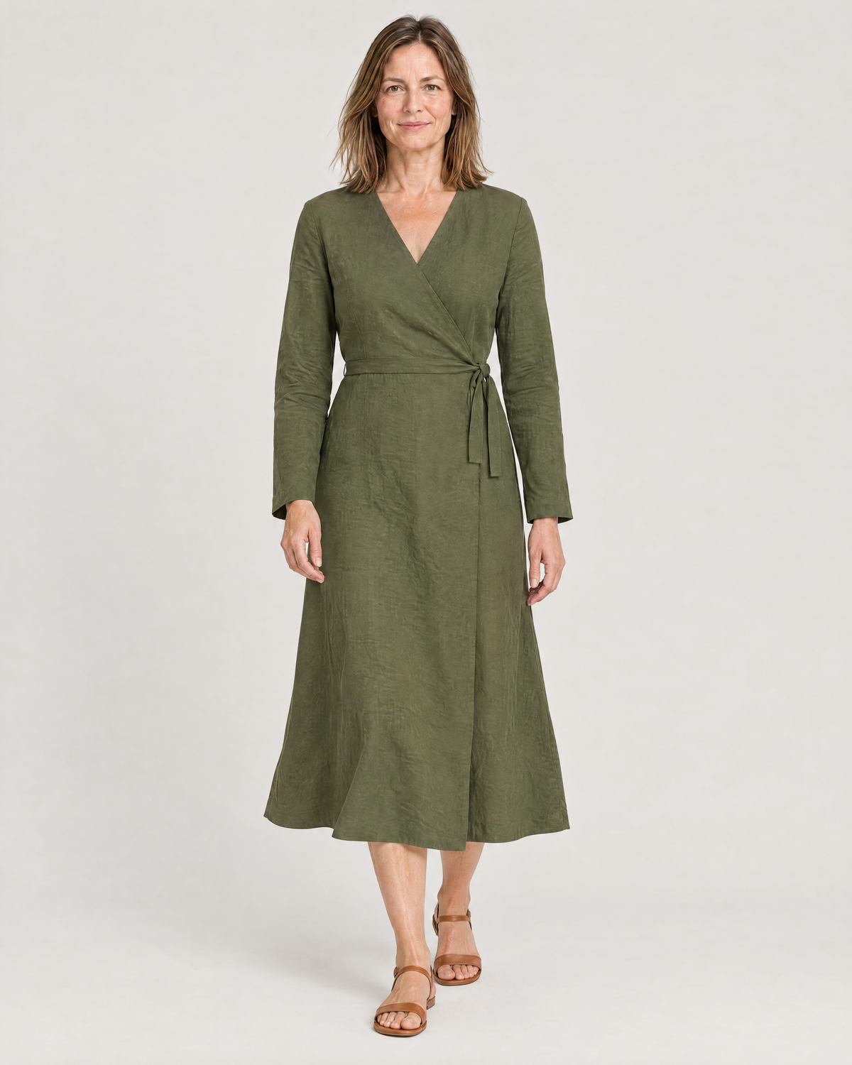 HOLD linen wrap dress in Olive Green, in movement