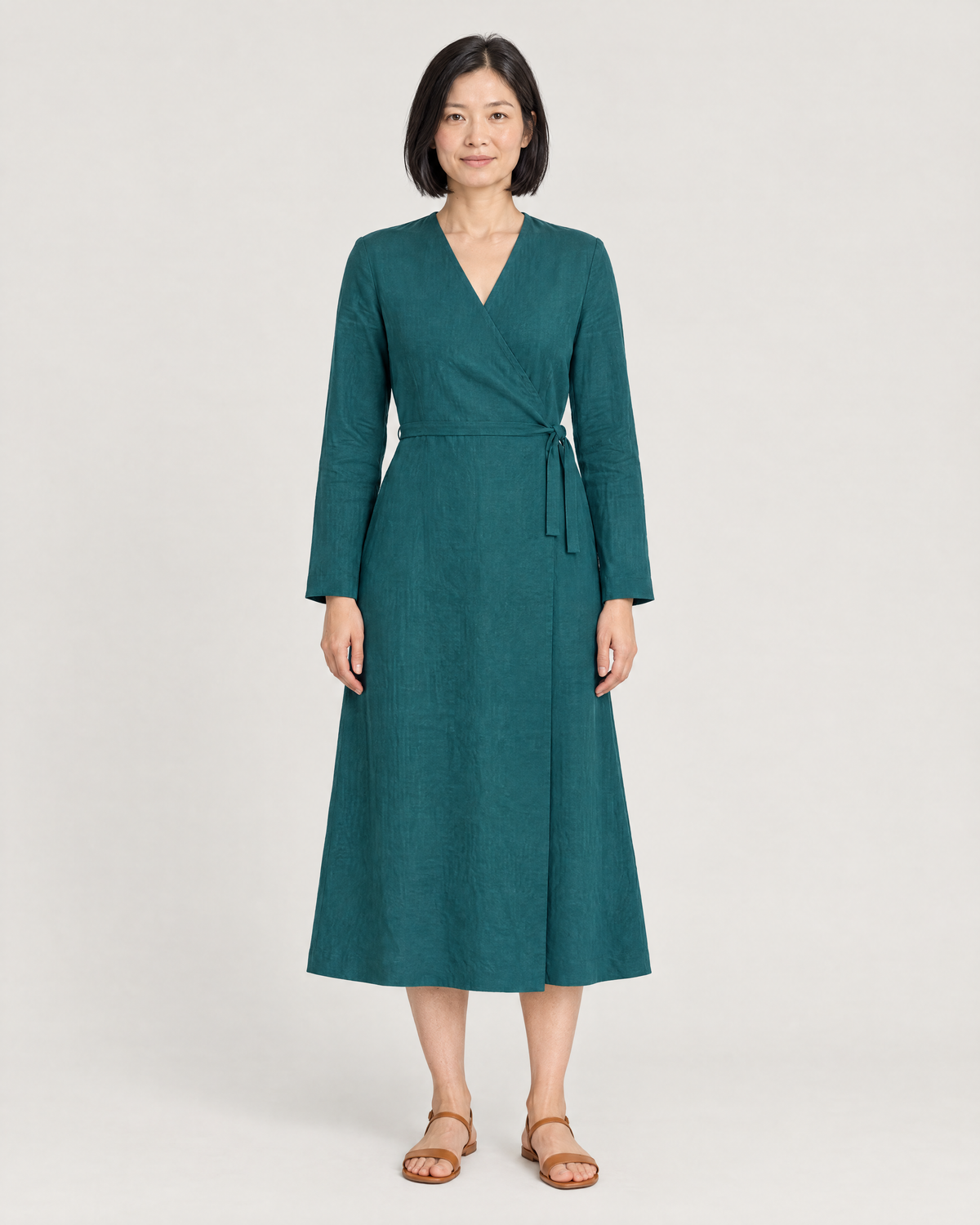 HOLD linen wrap dress in Teal, front