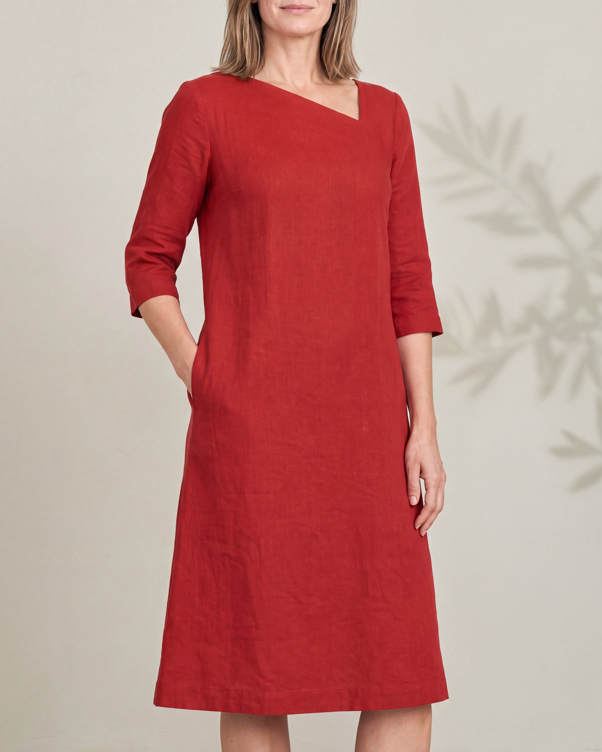 HUE Red linen asymmetric neck A-line dress, close front view