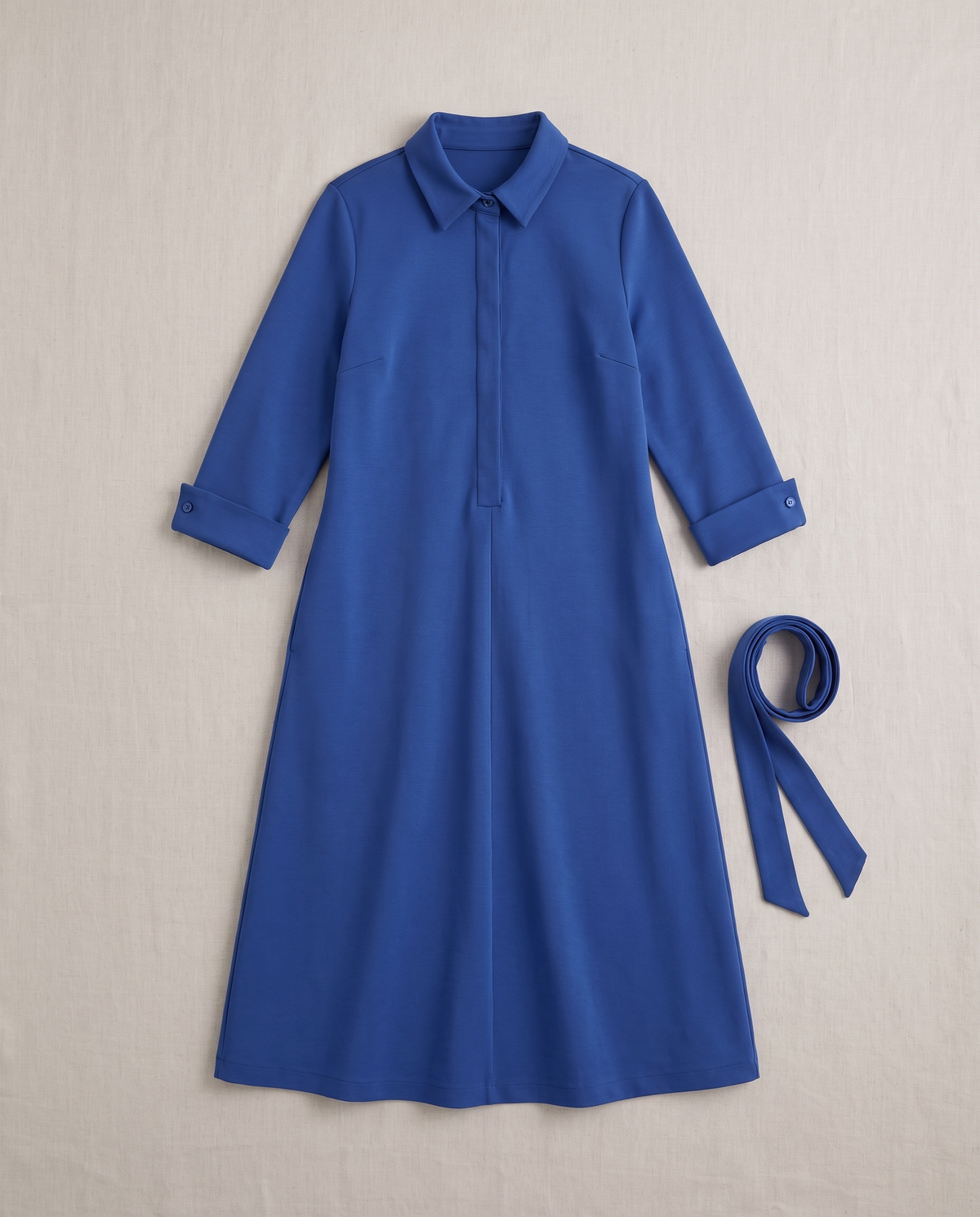 JOURNEY midi shirt dress in Cobalt laid flat with matching belt