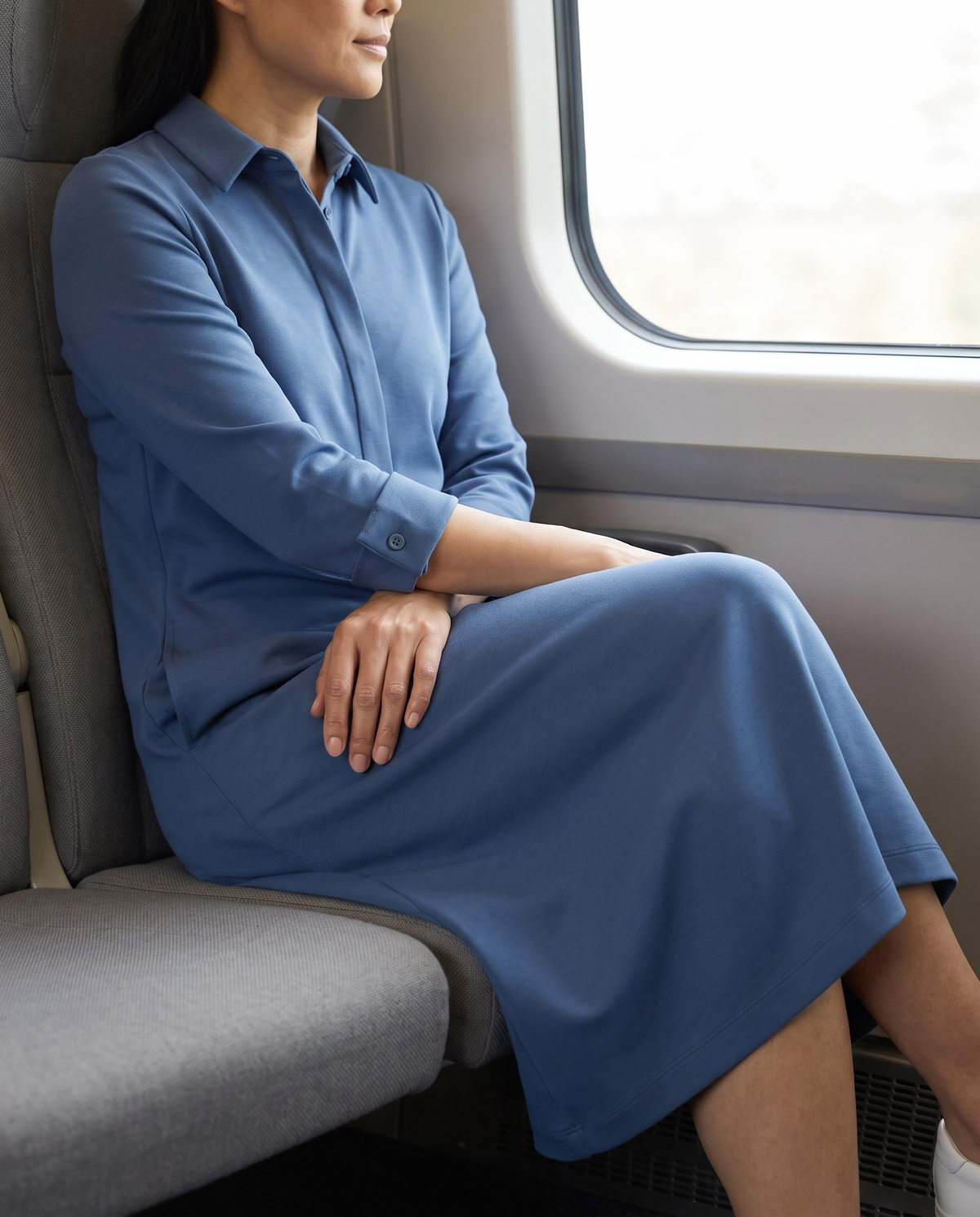 JOURNEY midi shirt dress in Blue, seated, covering the knees
