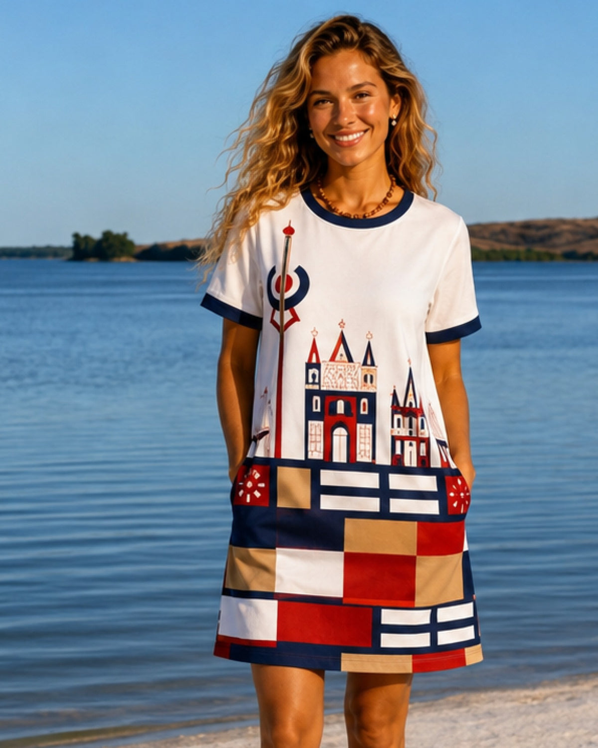 LAGOON – Nida Print Contrast Trim Dress – White suknelė, lifestyle prie ežero #Color_White